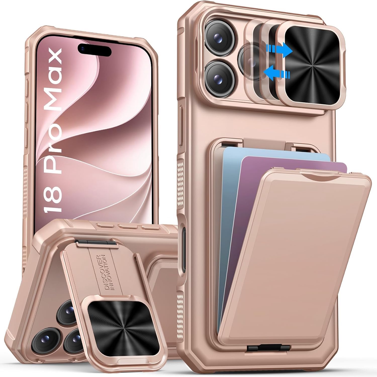 Zandarix Hoesje Geschikt voor Apple iPhone 18 Pro Max - Schuifbare Cameralens bescherming - Militaire Valbescherming - Kaarthouders - Back Cover Hoesje - Rosegoud