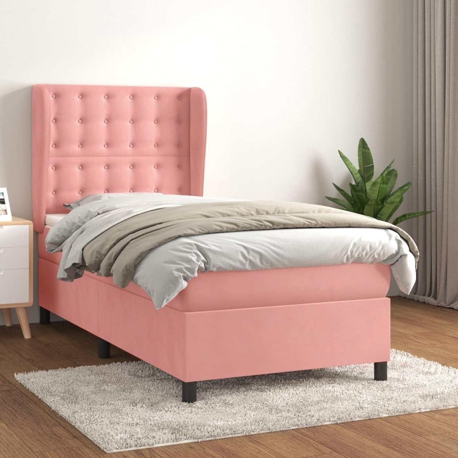 Boxspring met matras fluweel roze 90x190 cm badkamer slaapkamer hoofdbord verstelbaar pocketvering matras middelhard topmatras huidvriendelijk zachte stof nachtrust comfort