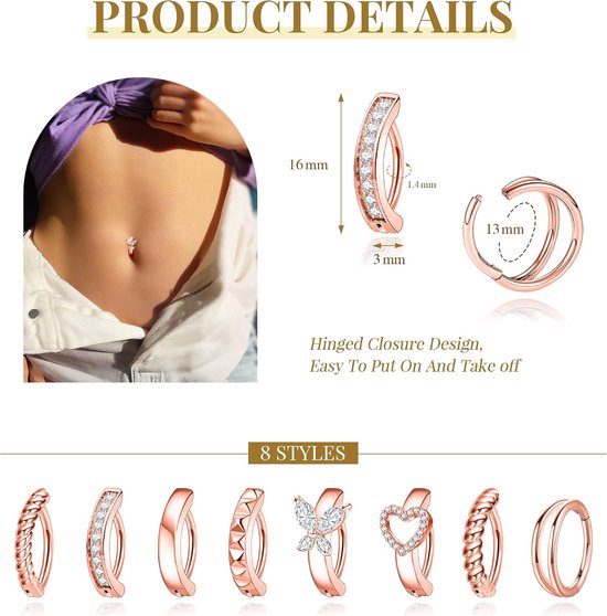 8 stuks navelpiercing set goud zilver — afbeelding 3
