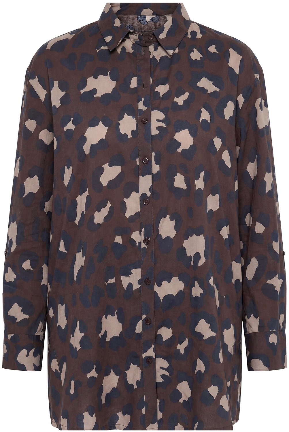 Ulla Popken - Dames - Blouse leomotief overhemdkraag lange mouw - Donkertaupe - Maat 46+