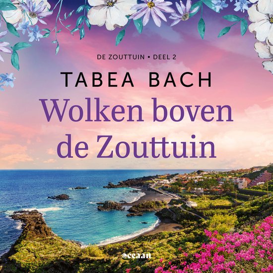 Boekomslag 'Wolken boven de Zouttuin' met roze zonsondergang, kustlandschap en bloemenrand.
