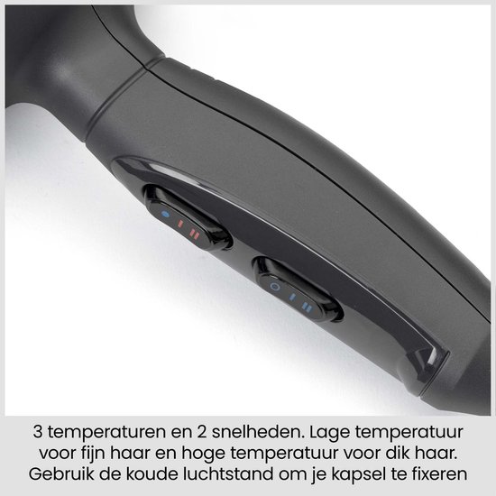 Bedieningsknoppen voor 3 temperaturen en 2 snelheden op een zwarte föhn.