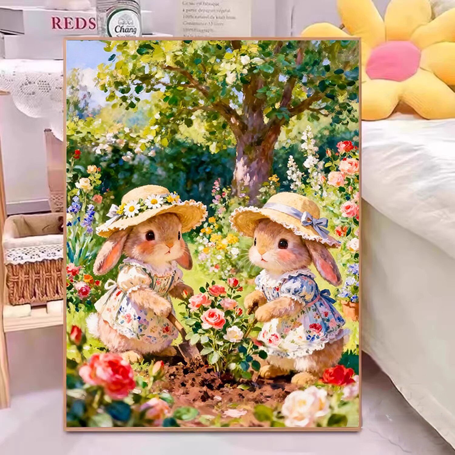 DIY kruissteekborduurpakket/De kleine konijntjes die bloemen planten/gedrukt kruissteekpatroon borduurpakket (frame niet inbegrepen) 40*50CM