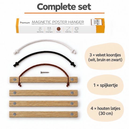 Kit complet avec quatre tasseaux en bois, trois cordelettes en velours, un clou et l'emballage.