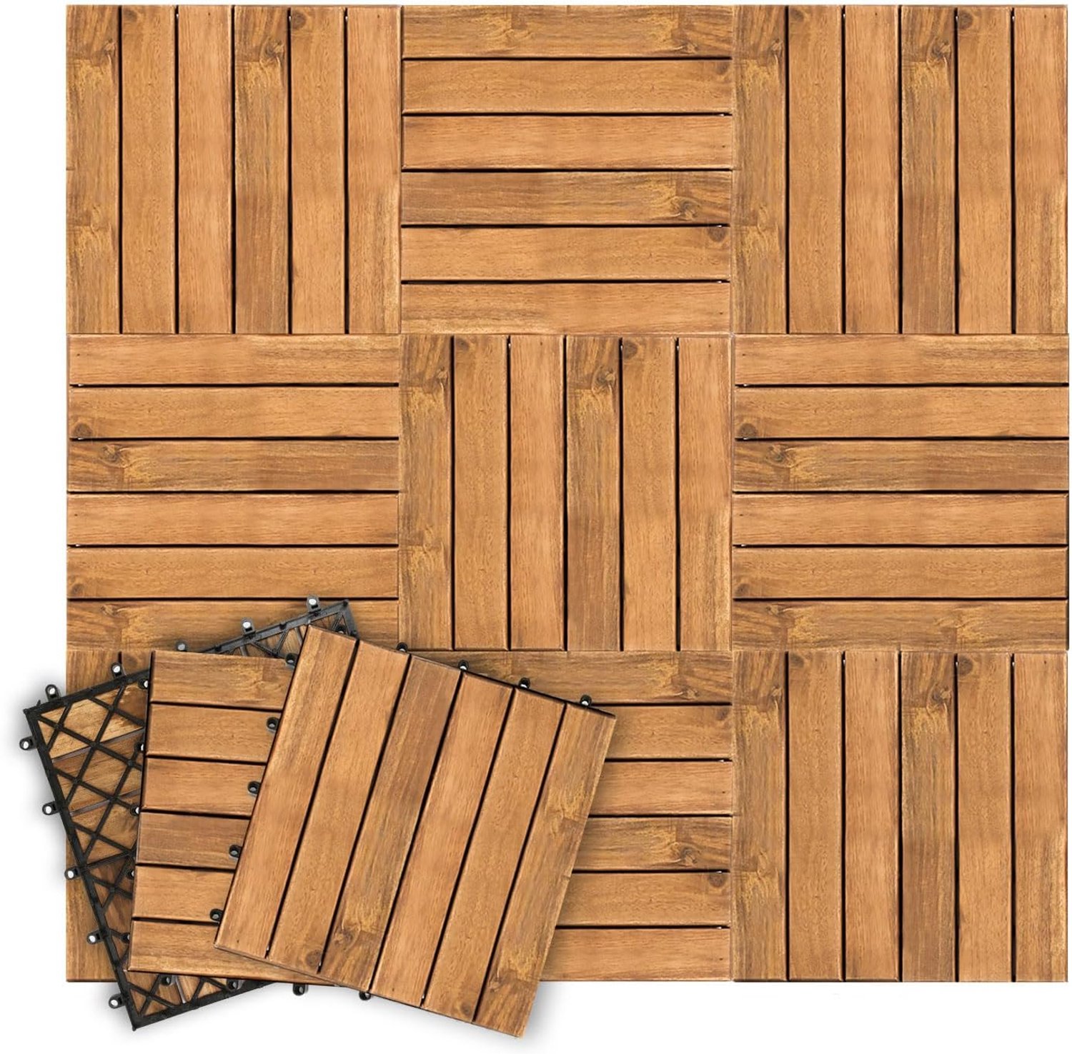 Houten tegels, 30 x 30 cm, acaciahout, vloertegels, 66 stuks, 6 m², terrasvloer buiten, kliktegels, terras, mozaïek voor tuin, patio, balkonvloerbedekking (6 latten)