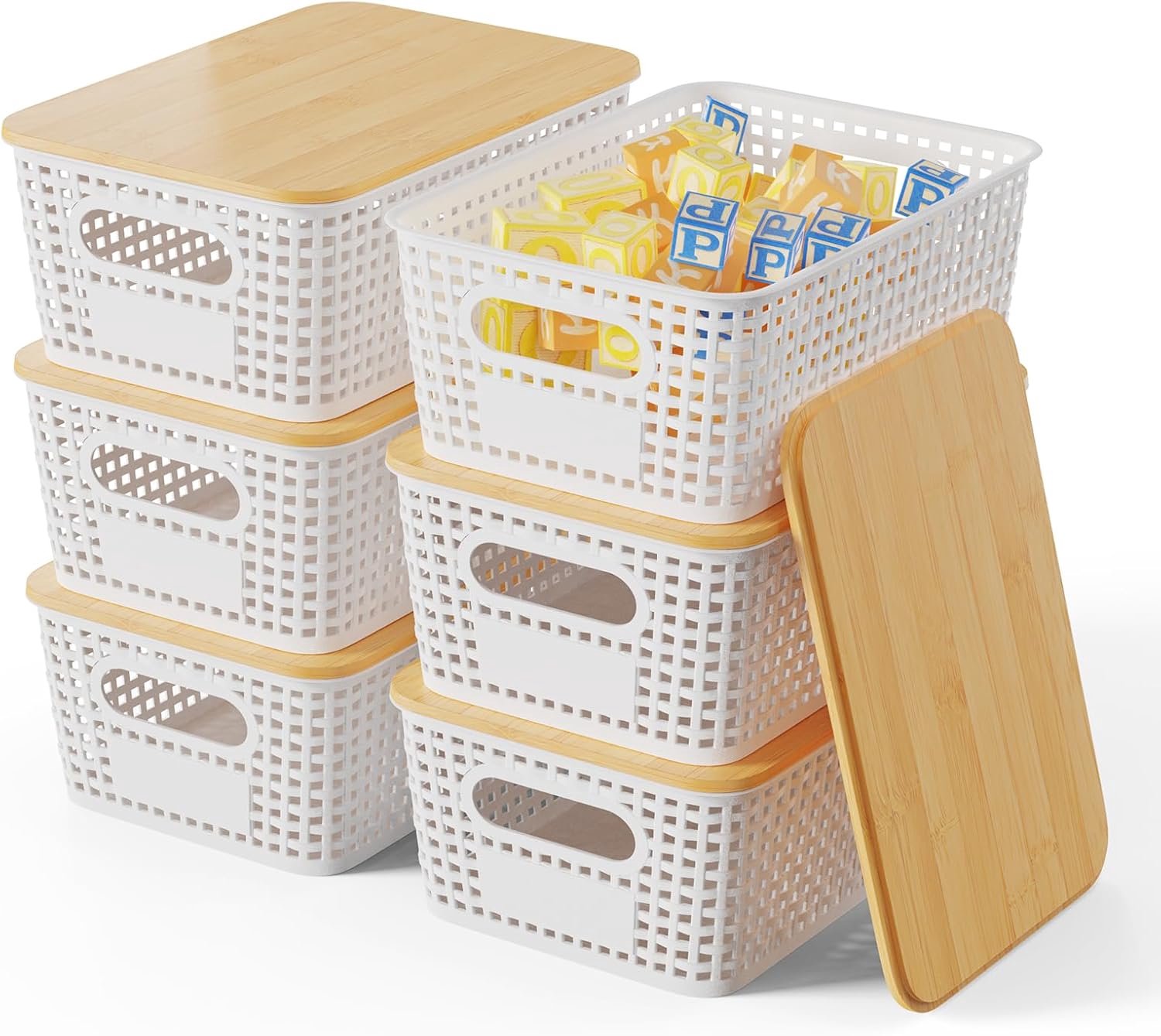 Set van 6 opbergdozen met bamboedeksel, 5 l opbergmand, kunststof mand, opbergdoos, keukenopbergdozen voor rekken, kasten, kasten en thuis (wit)