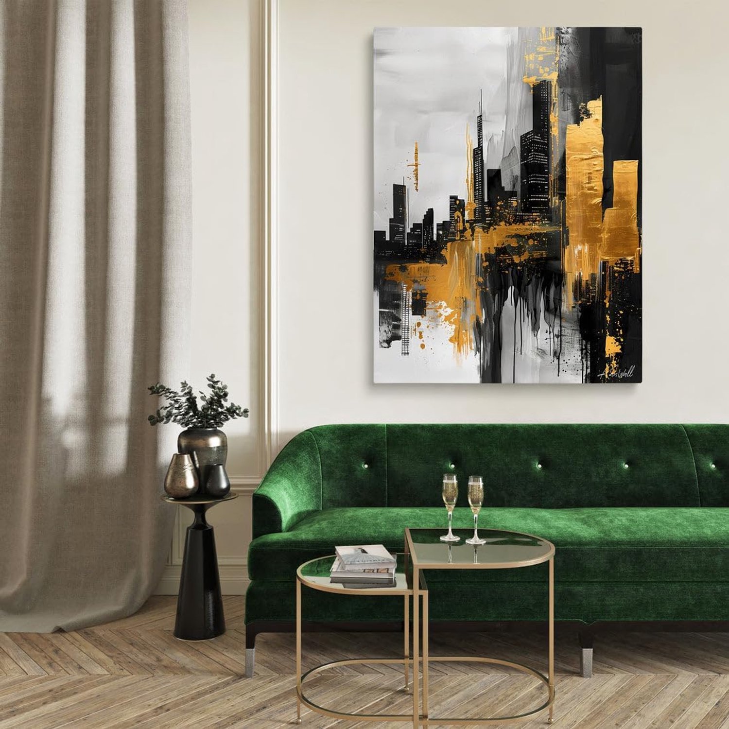 Canvas Schilderij Cityscape of Gold | 90x60 cm | Woonkamer | Slaapkamer | Kantoor | Muziek | Design | Art | Modern | ** 4CM DIK!