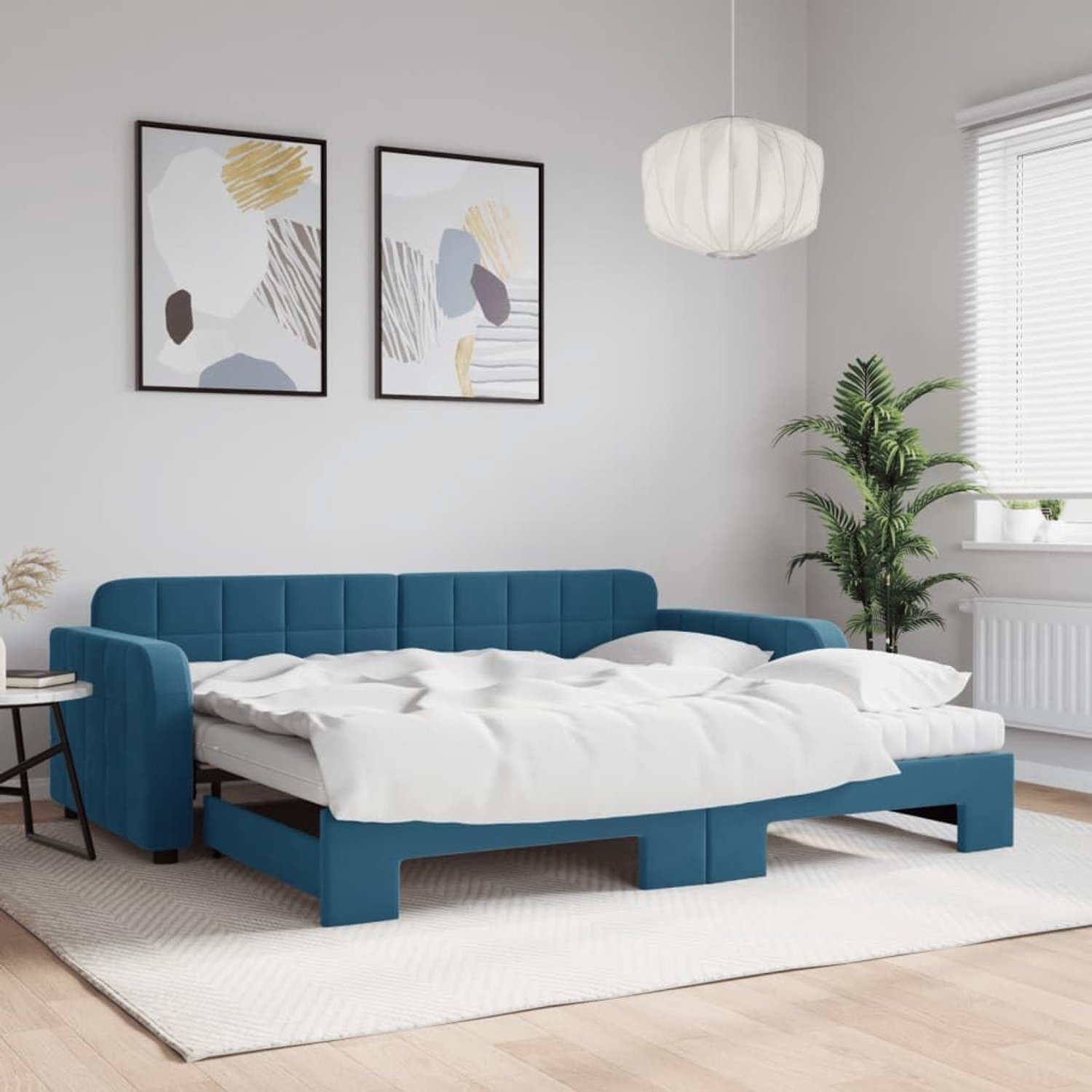 Uittrekbaar met matrassen, blauw, 90 x 200 cm, fluweel, bedframe voor woonkamer, hotelbedframe, geschikt voor slaapkamer