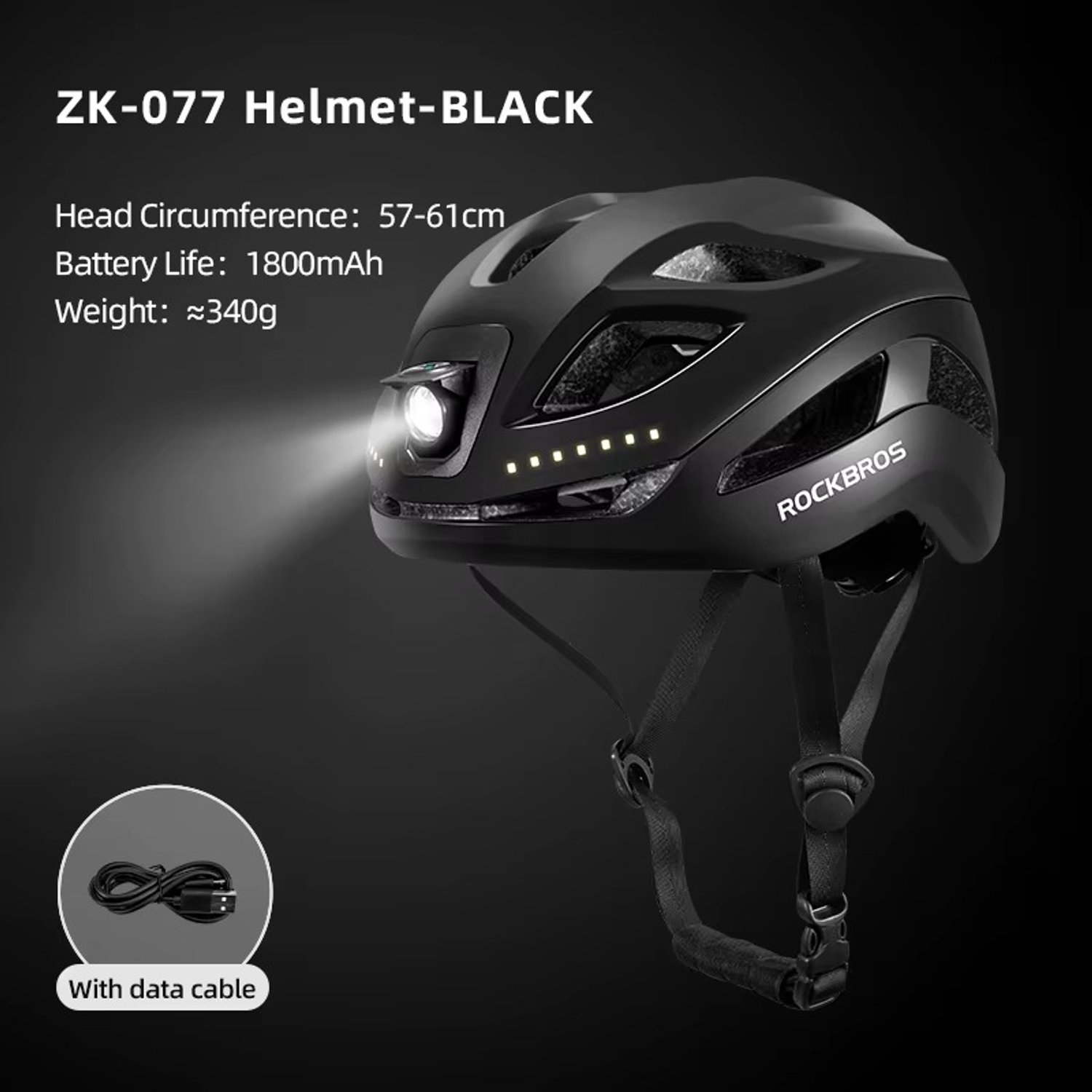 CreateEcom fietshelm - Fietslichthelm - Type-C Opladen - Elektrische LED-voorlichthelm - Nachtfietsveiligheidshelm - Fietsscooterhelm - Maat: Standard 57-61cm - zwart