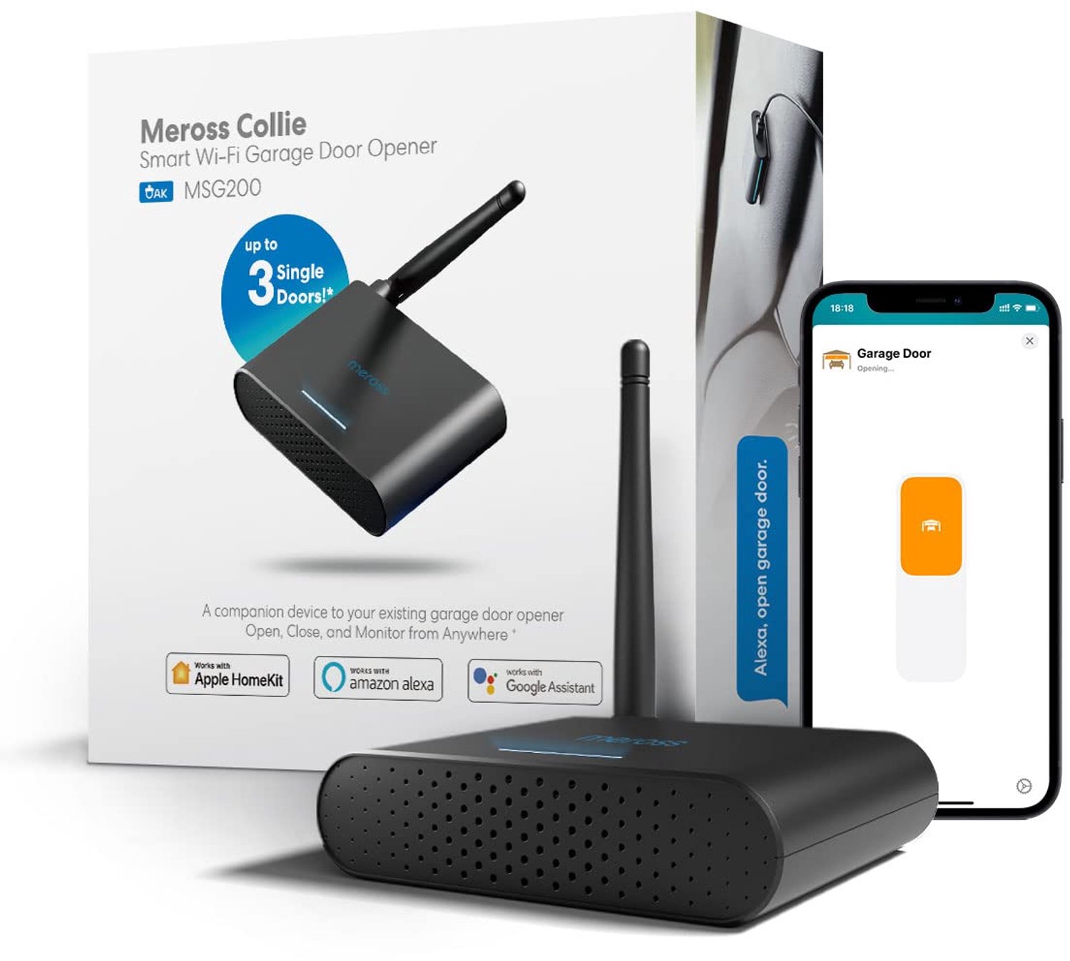 Garagedeuropener Wi-Fi - Zwart - Smart Home Integratie - 3 Deuren - 7,8x2,2x9,3 cm - 565 Gram - Voor Domotica Systeem