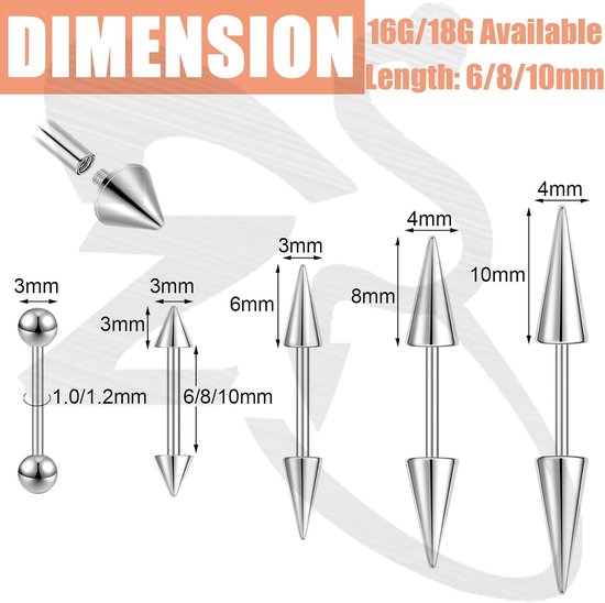 16G/18G Spike Kraakbeen Tragus Helix Piercing, Roestvrij Staal Spike Stud Oorbellen Interne Draad Gebogen Barbell Neus Brug Ringen Snake Bite Piercing Sieraden voor Vrouwen Mannen — afbeelding 3