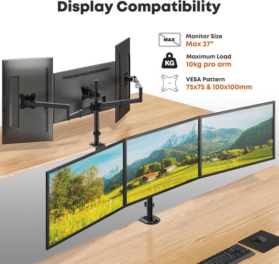 Ergonomische Monitorsteun voor 3 Schermen van 13-27 Inch, VESA 75/100, Verstelbare Hoogte, Geschikt voor Thuiswerk en Gaming, Robuuste Klemhouder met 10 kg Draagvermogen per Scherm — afbeelding 5