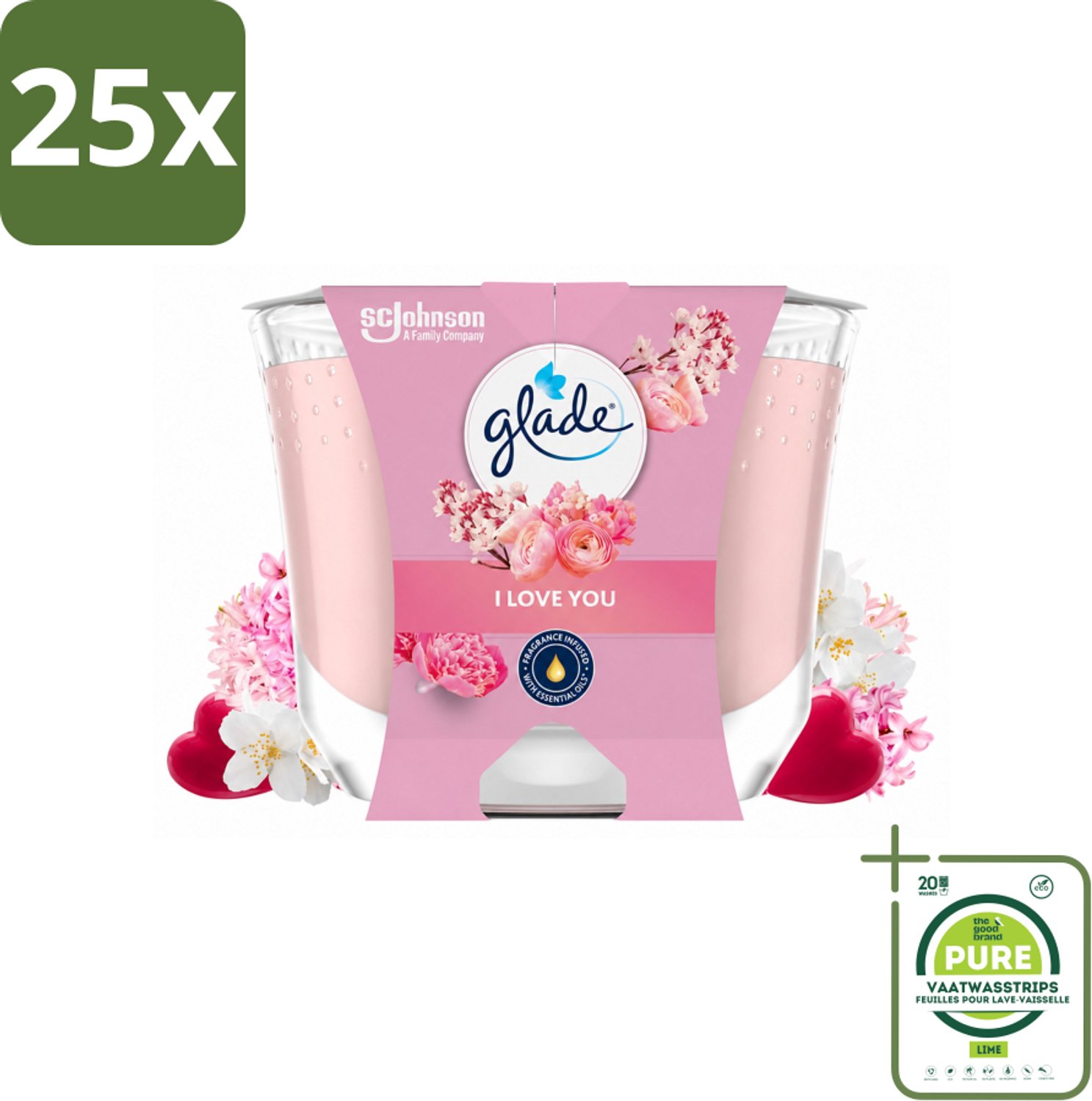 25 x Glade - Geurkaars I Love You - 100% Raapzaadwas - 204 g - Grootverpakking - Vaatwasstrips - Geurkaars - Romantische Geur - Bloemen Geur - Perzik Geur - Meloen Geur