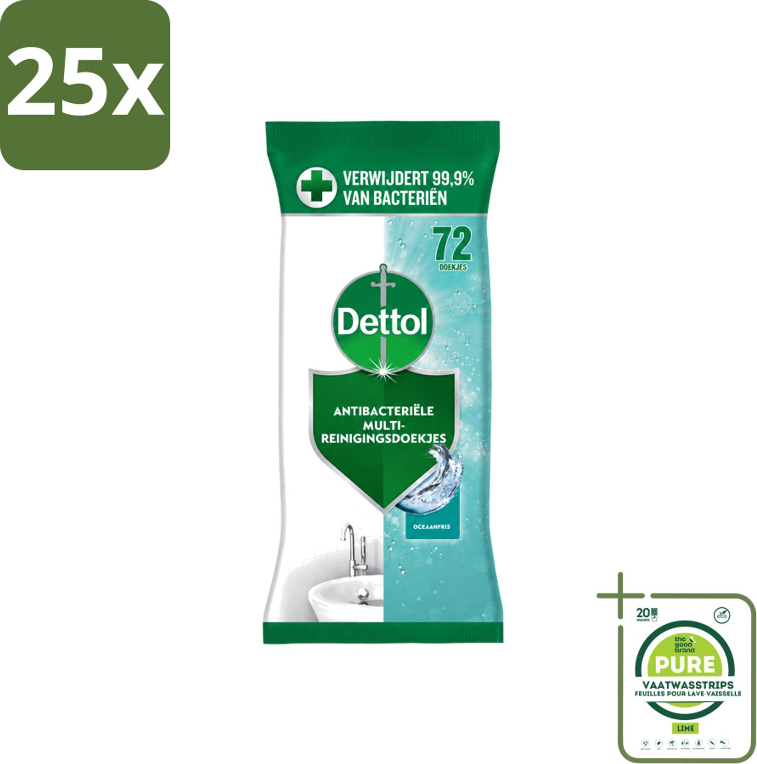 25 x Dettol - Reinigingsdoekjes - Oceaanfris - Antibacteriële Reiniging - 72 Doekjes - Grootverpakking - Vaatwasstrips - Reinigingsdoekjes - Oceaangeur - Antibacteriële Doekjes - Hygiëne - Reiniging