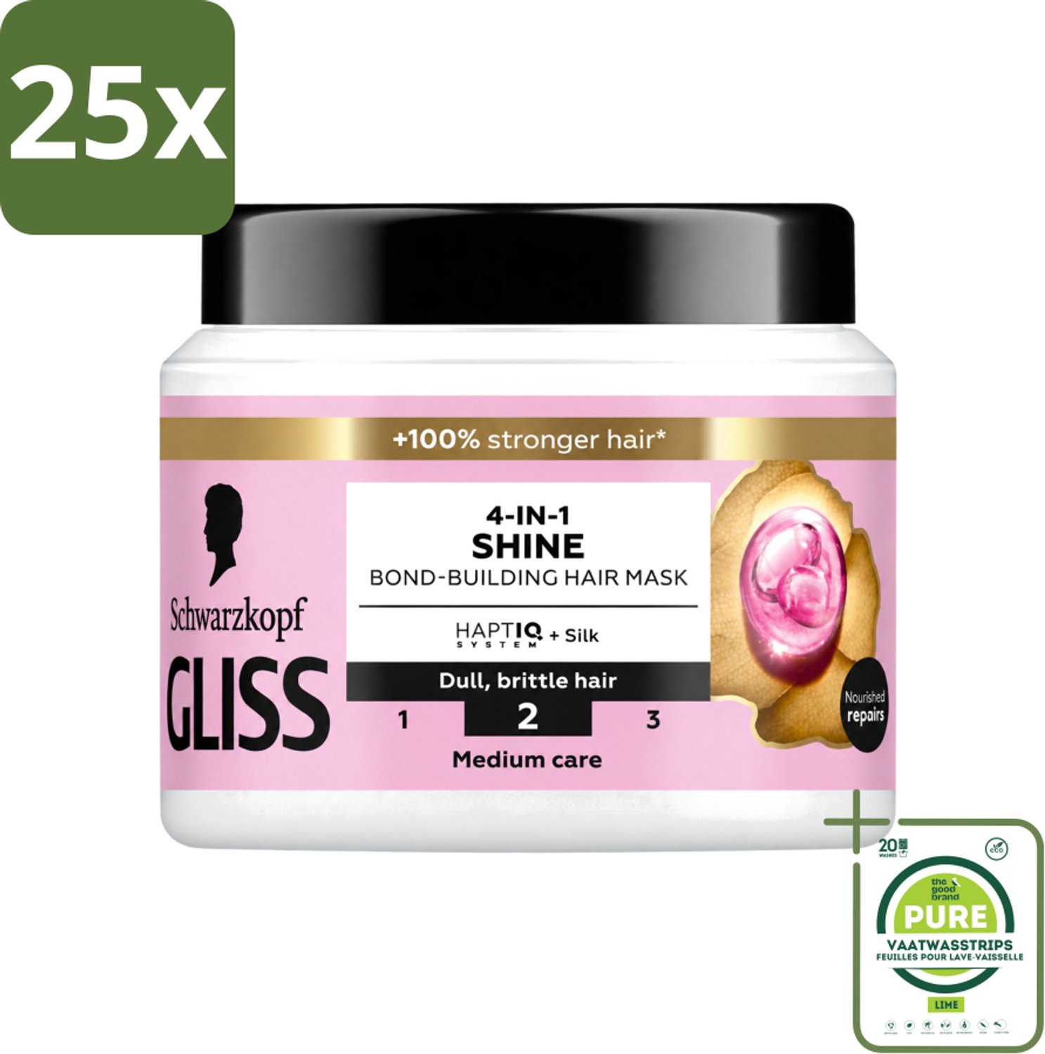 25 x Gliss - Haarmasker - 4in-1 Hair Mask - Voor Zijdezacht en Glanzend Haar - 400 ml - Grootverpakking - Vaatwasstrips - Haarmasker - Zijde - Glans - Haarherstel - Haarvoeding