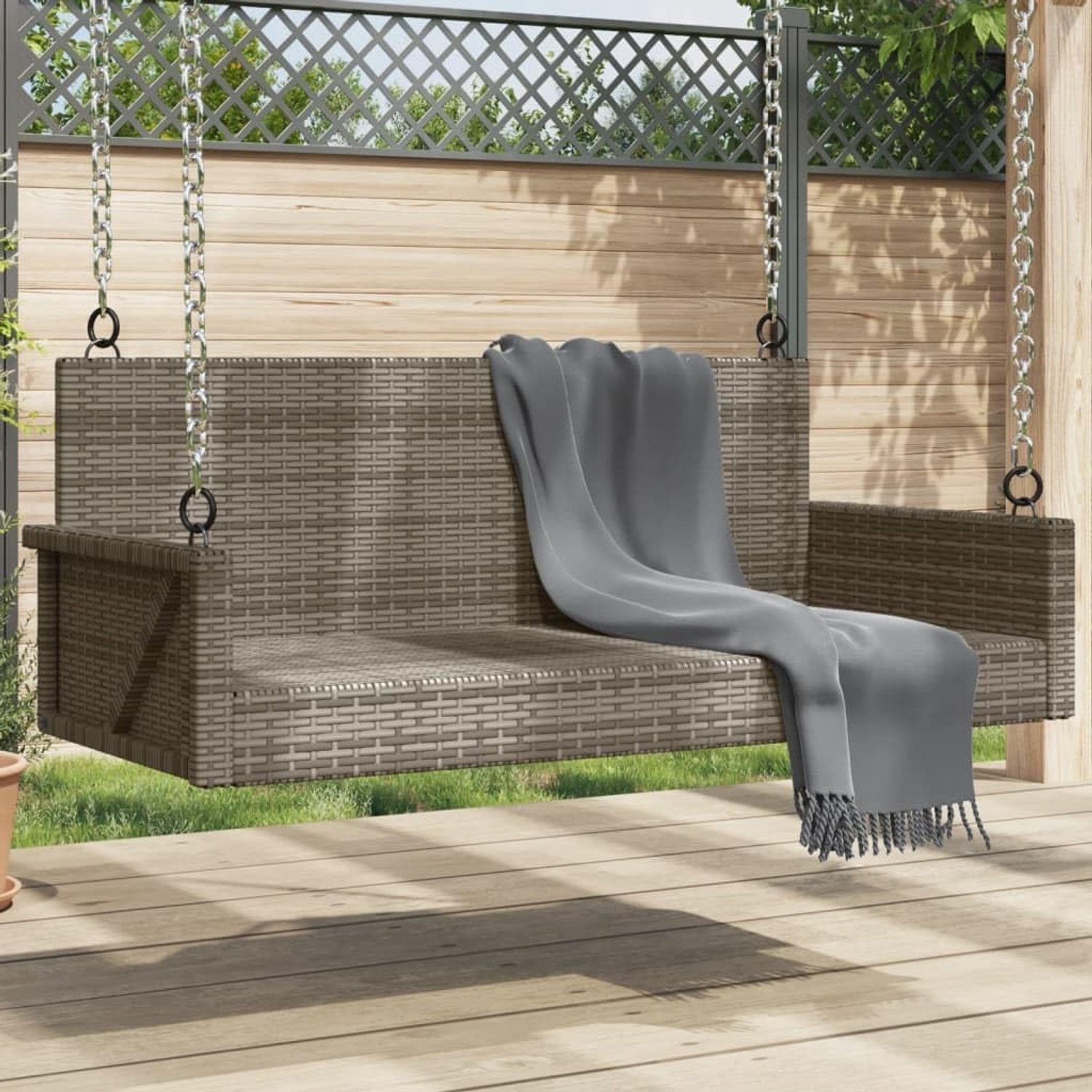 Grijs, 119 x 56 x 48 cm, polyrotan PE-vlechtwerk met schommelfunctie en bevestigingsringen voor buiten, robuust gepoedercoat stalen frame, duurzaam