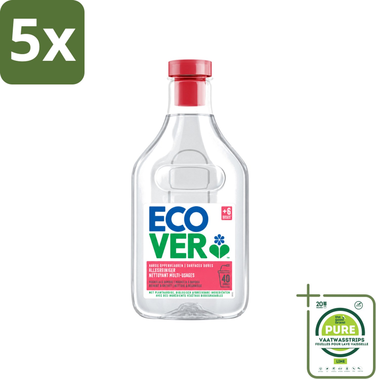 5 x Ecover - Allesreiniger - Magnolia & Bamboe - 1 liter - Grootverpakking - Vaatwasstrips - Allesreiniger - Natuurlijke Reiniger - Plantaardige Reiniger - Milieuvriendelijke Reiniger - Frisse Geur
