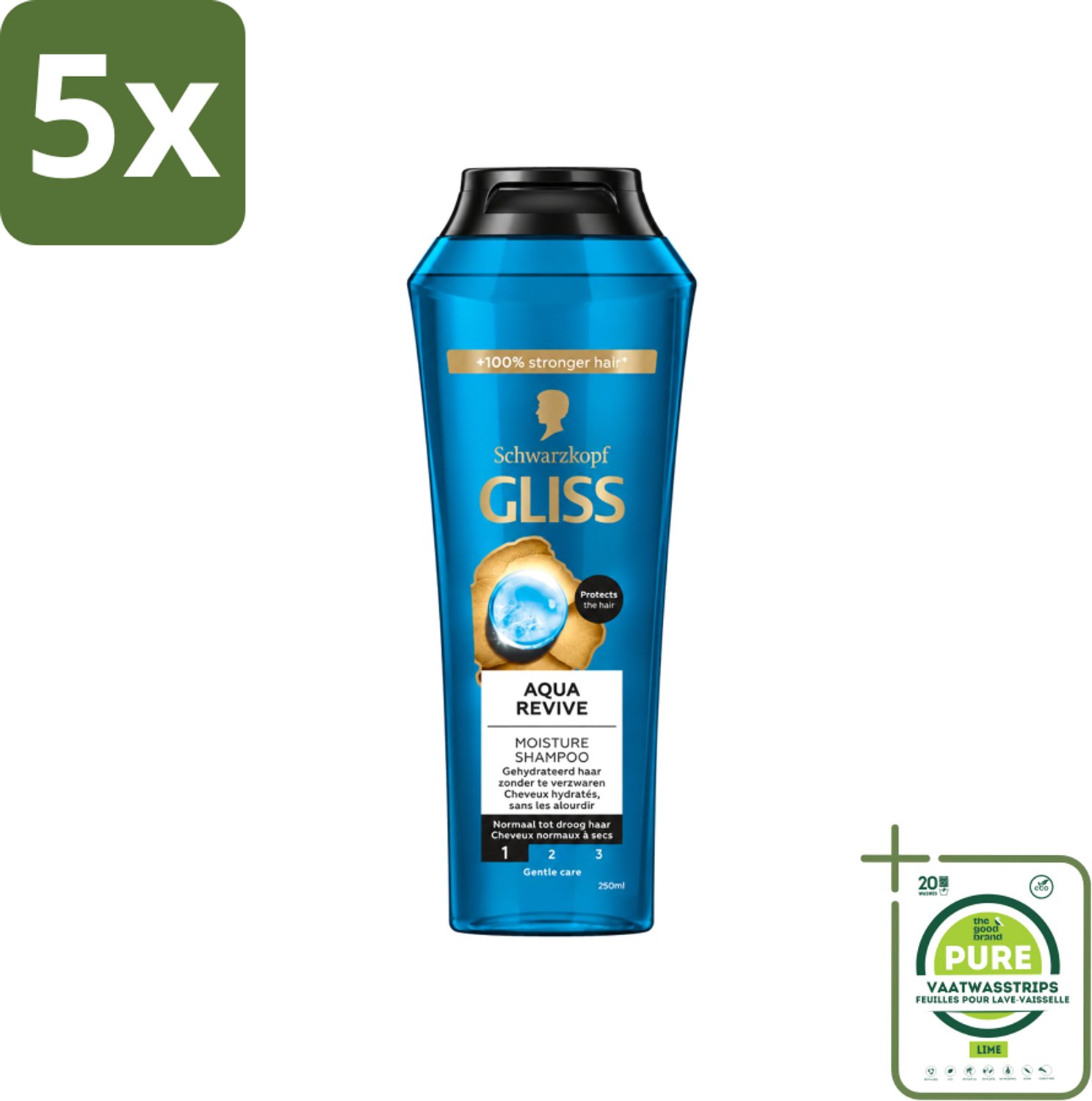 5 x Gliss - Shampoo - Aqua Revive - Voor Hydraterend en Fris Haar - 250 ml - Grootverpakking - Vaatwasstrips - Hydraterend Haar - Droog Haar - Beschadigd Haar - Haar Reinigen - Haar Verzorgen