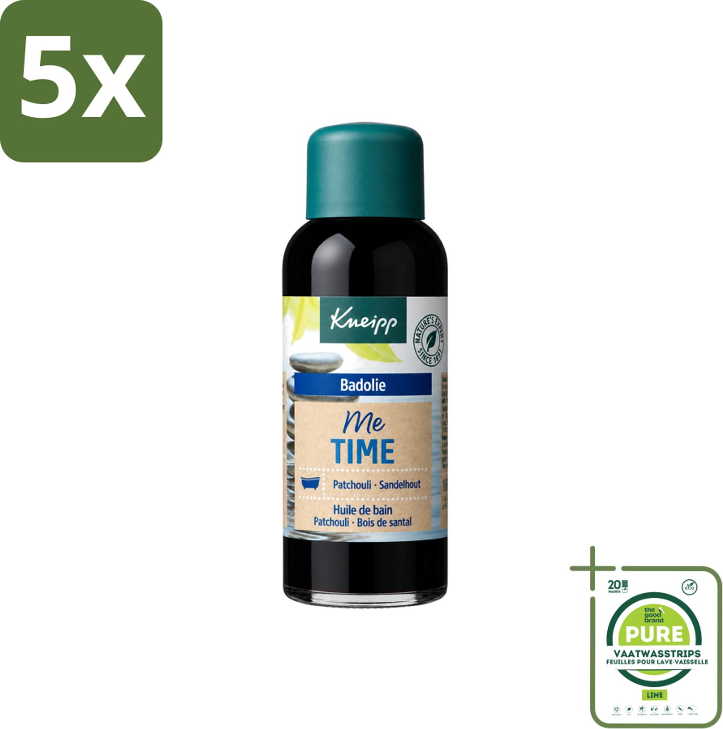 5 x Kneipp - Badolie - Me-Time - Patchouli & Sandelhout - 100 ml - Grootverpakking - Vaatwasstrips - Badolie - Ontspanning - Zelfzorg - Patchouli - Sandelhout