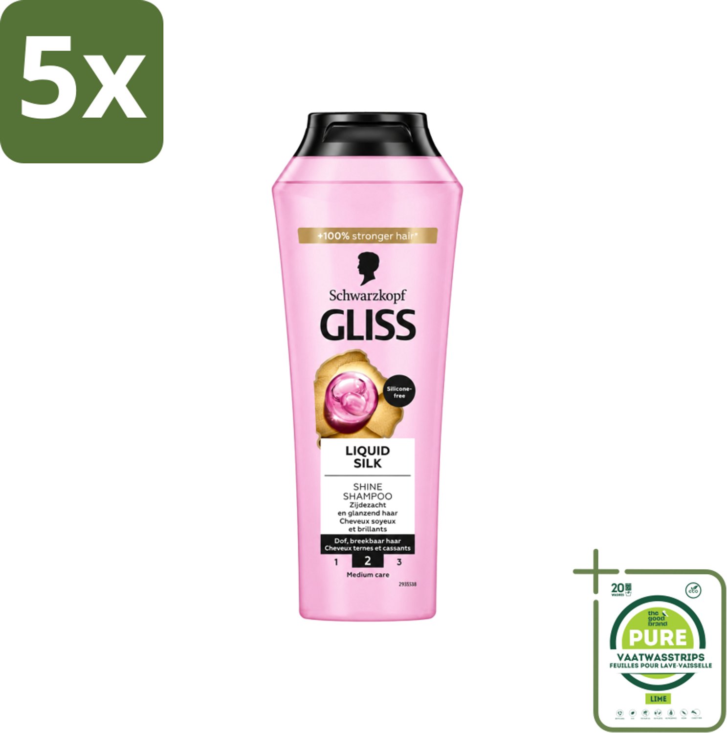 5 x Gliss - Shampoo - Liquid Silk - Voor Glanzend en Zijdezacht Haar - 250 ml - Grootverpakking - Vaatwasstrips - Glans Haar - Zijdezacht Haar - Glanzend Haar - Siliconenvrije Shampoo - Natuurlijke Shampoo