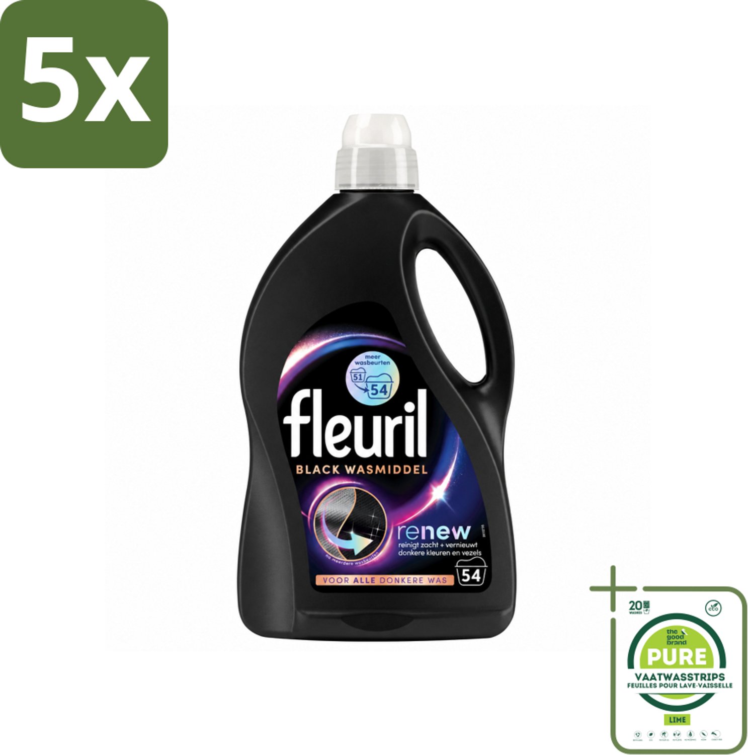 5 x Fleuril - Wasmiddel - Renew Zwart Vloeibaar Wasmiddel - Zwarte Was - 54 wasbeurten - Grootverpakking - Vaatwasstrips - Donkere Was - Kleurherstel - Wasmiddel Zwart - Pluisverwijdering - Frisheid Wasmiddel