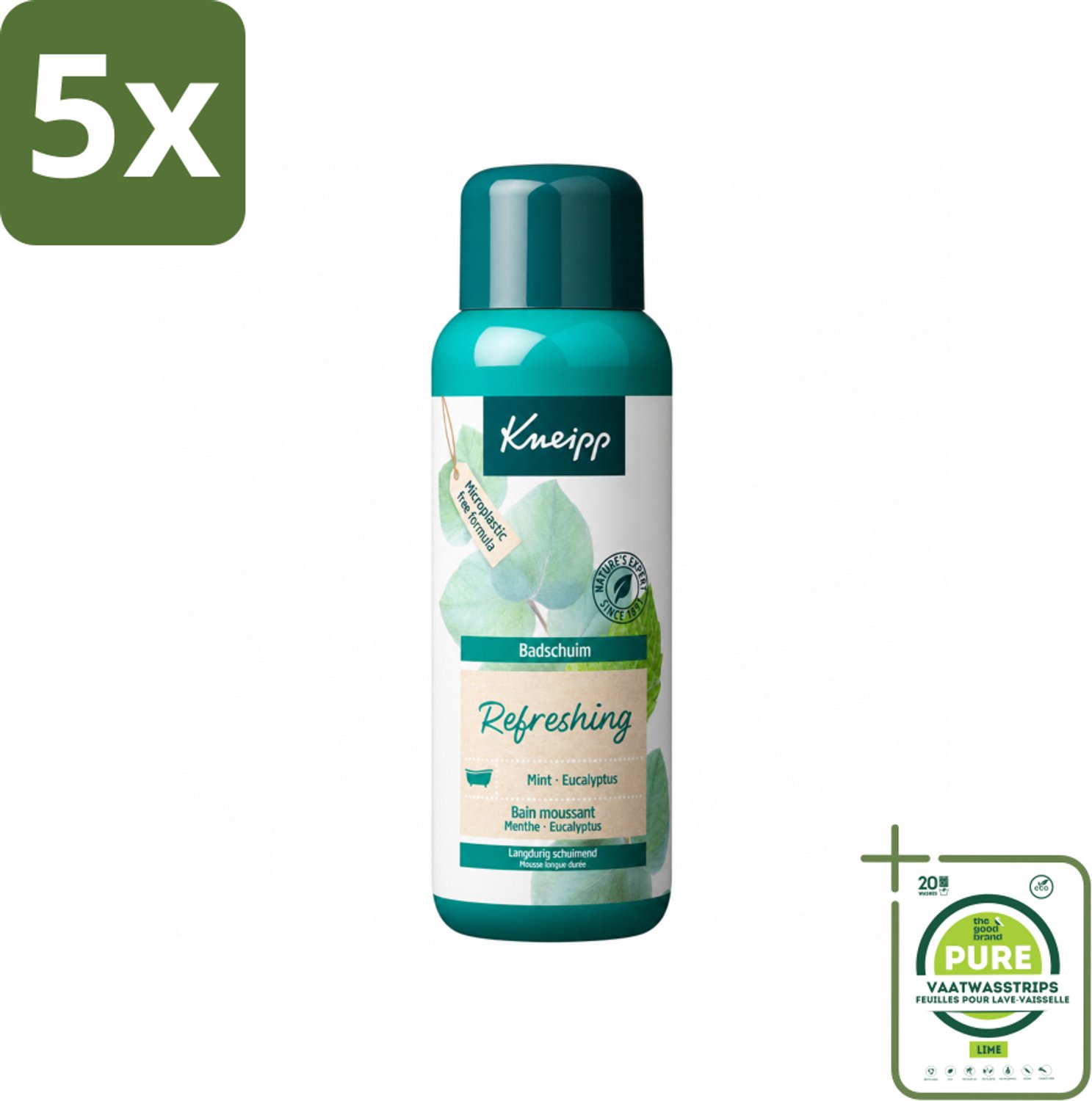 5 x Kneipp - Badschuim - Mint Eucalyptus - Verfrissend - 400 ml - Grootverpakking - Vaatwasstrips - Badshuim Mint Eucalyptus - Verfrissend Bad - Natuurlijke Energie - Ontspannend Bad - Schuimbad