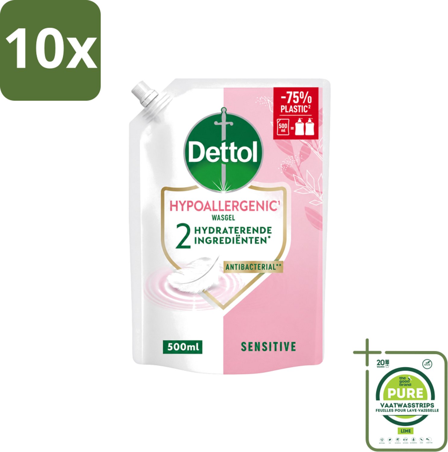 10 x Dettol - Handzeep Navulling - Hypoallergenic - Sensitive - 500 ml - Grootverpakking - Vaatwasstrips - Handzeep Navulling - Hypoallergenisch Handzeep - Gevoelige Huid - Handen Reinigen - Antibacteriële Handzeep
