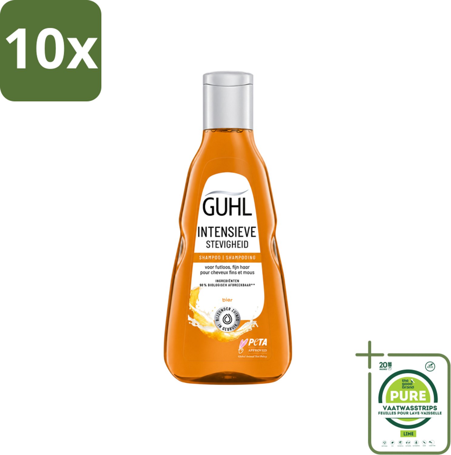 10 x Guhl - Shampoo - Intensieve Stevigheid - 250 ml - Grootverpakking - Vaatwasstrips - Haarversterking - Volume - Stevigheid - Bierextract - Krachtig Haar