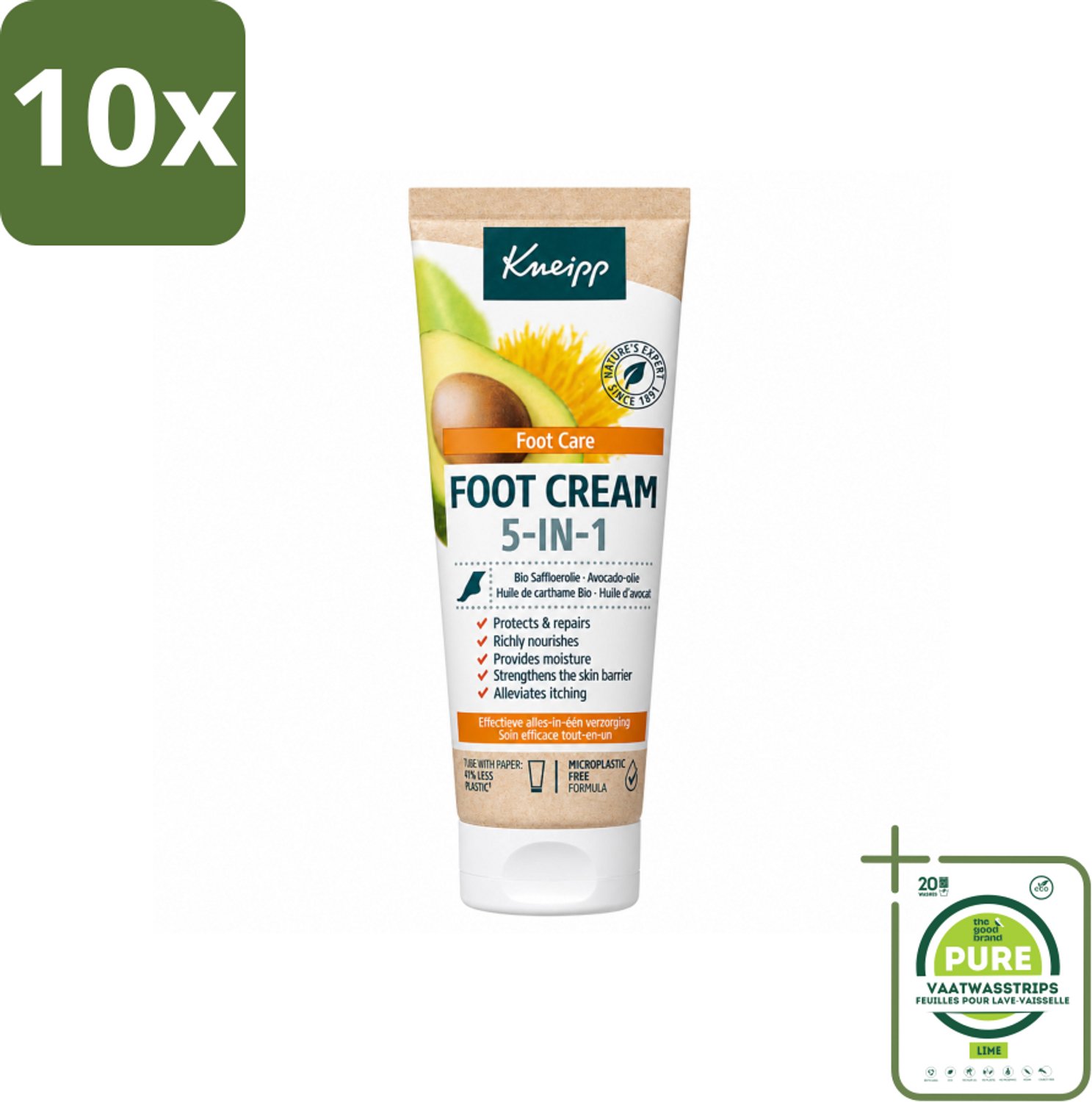 10 x Kneipp - Voetcrème 5‑in‑1 - Verlicht jeuk, hydrateert & herstelt - 75 ml - Grootverpakking - Vaatwasstrips - Voetcrème - Voetverzorging - Voeten Herstellen - Voeten Hydrateren - Voeten Kalmeren