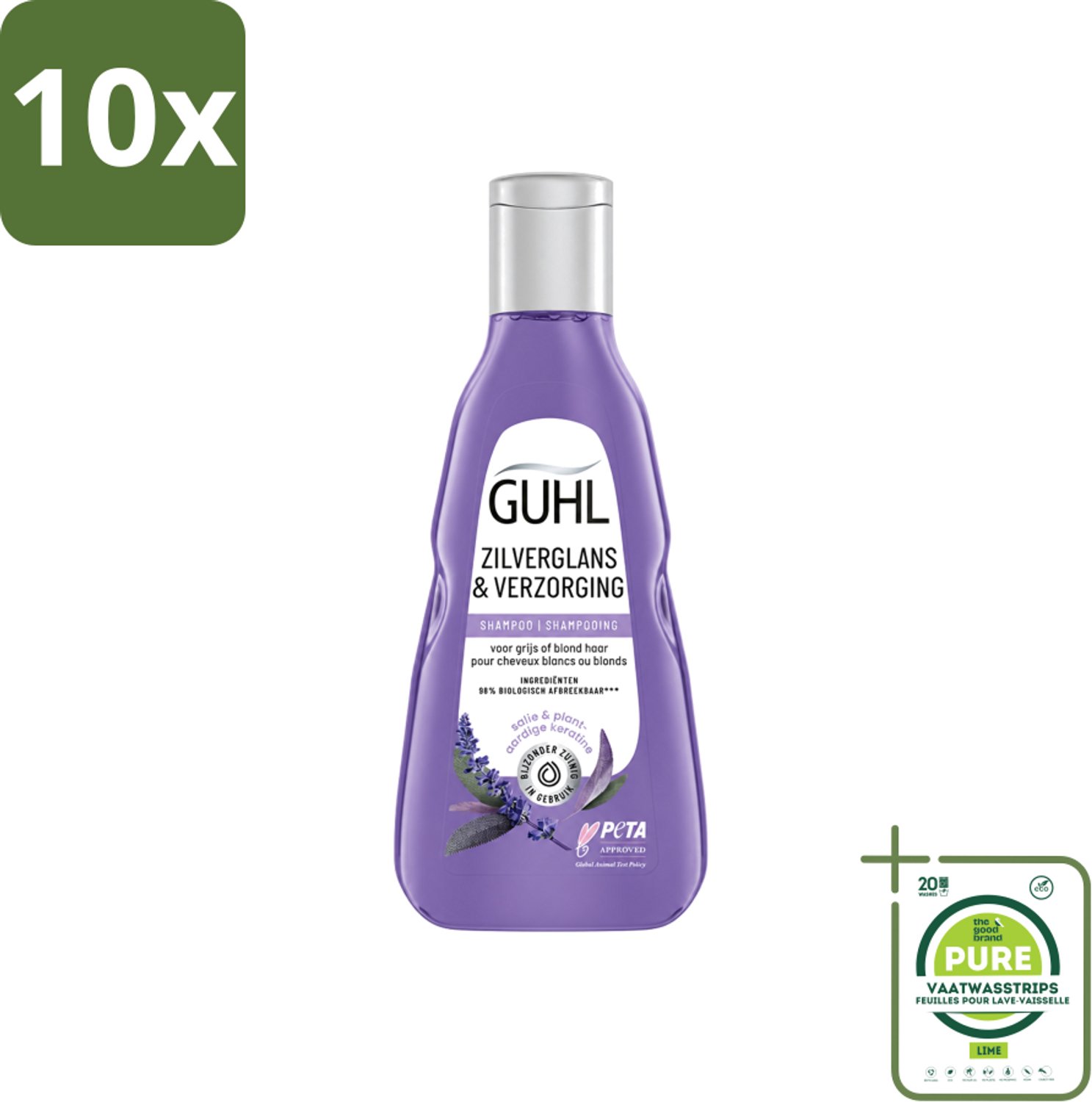 10 x Guhl - Shampoo - Zilverglans & Verzorging - 250 ml - Grootverpakking - Vaatwasstrips - Zilverglans Shampoo - Anti-geel Effect - Grijs Haar Verzorging - Blond Haar Verzorging - Haarkleur Verlichten