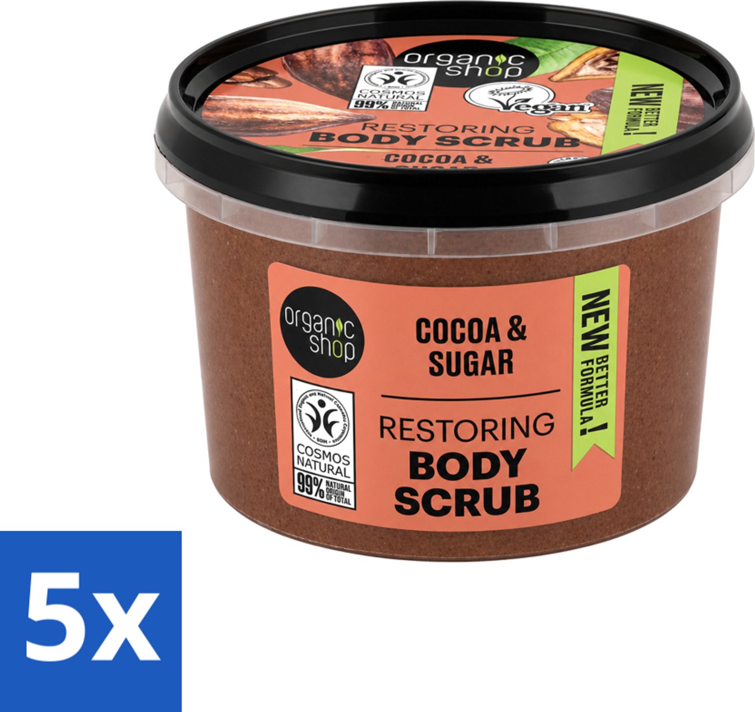 5 x Organic Shop - Body Scrub Cocoa - Rijke Hydratatie - 250 ml - Voordeelverpakking - 5 stuks