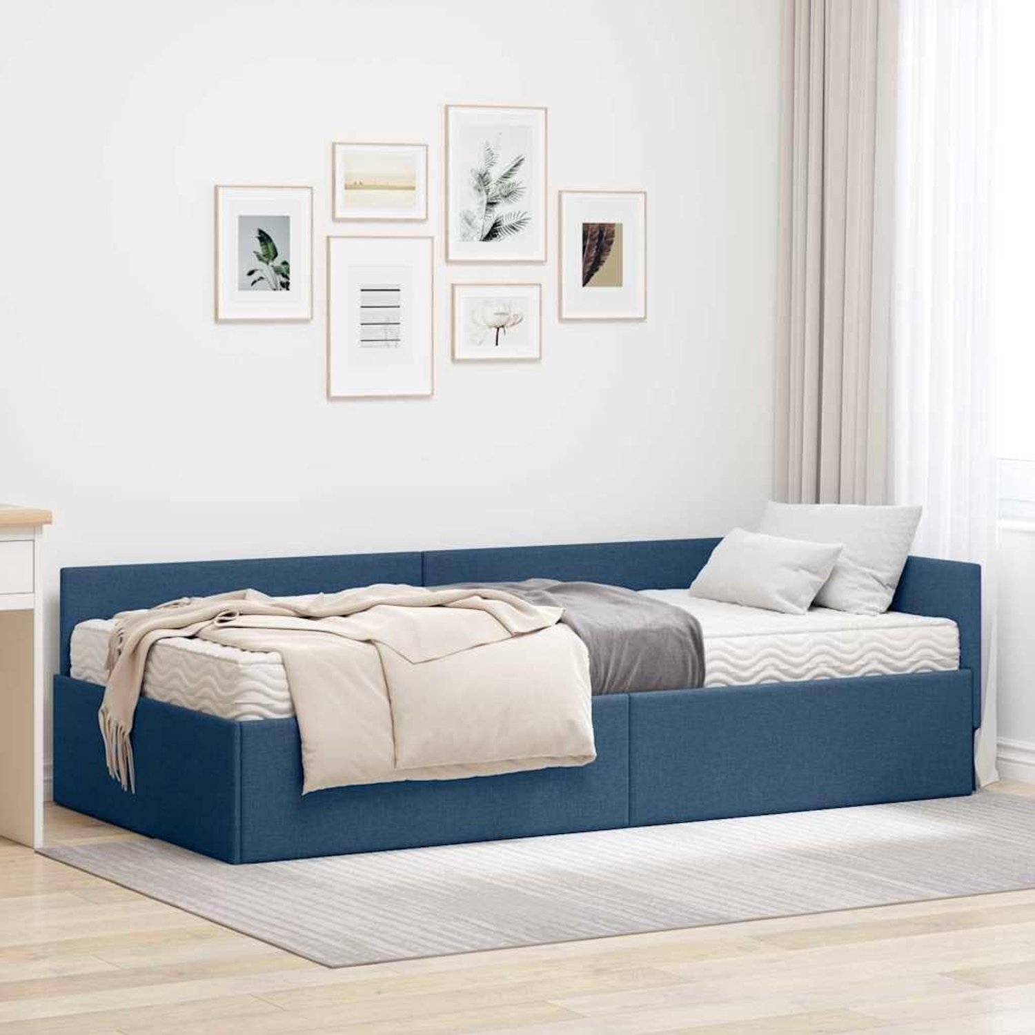 Hoekbedframe met matras, 2 stuks, blauwe stof, ademend materiaal en medium hard schuimmatras voor comfort, verstelbaar hoofdeinde, vaste lattenbodem