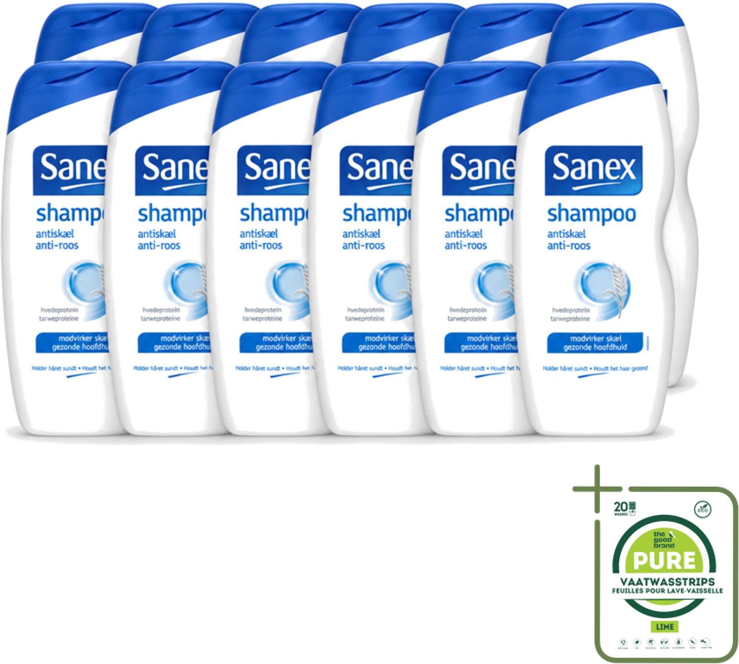 12 x Sanex - Shampoo - Anti-Roos - Tegen Schilfers - 250 ml - Grootverpakking - Vaatwasstrips - Anti-roos Shampoo - Schilfers Shampoo - Kalmerende Shampoo - Huidverzorging - Hoofdhuid Balans