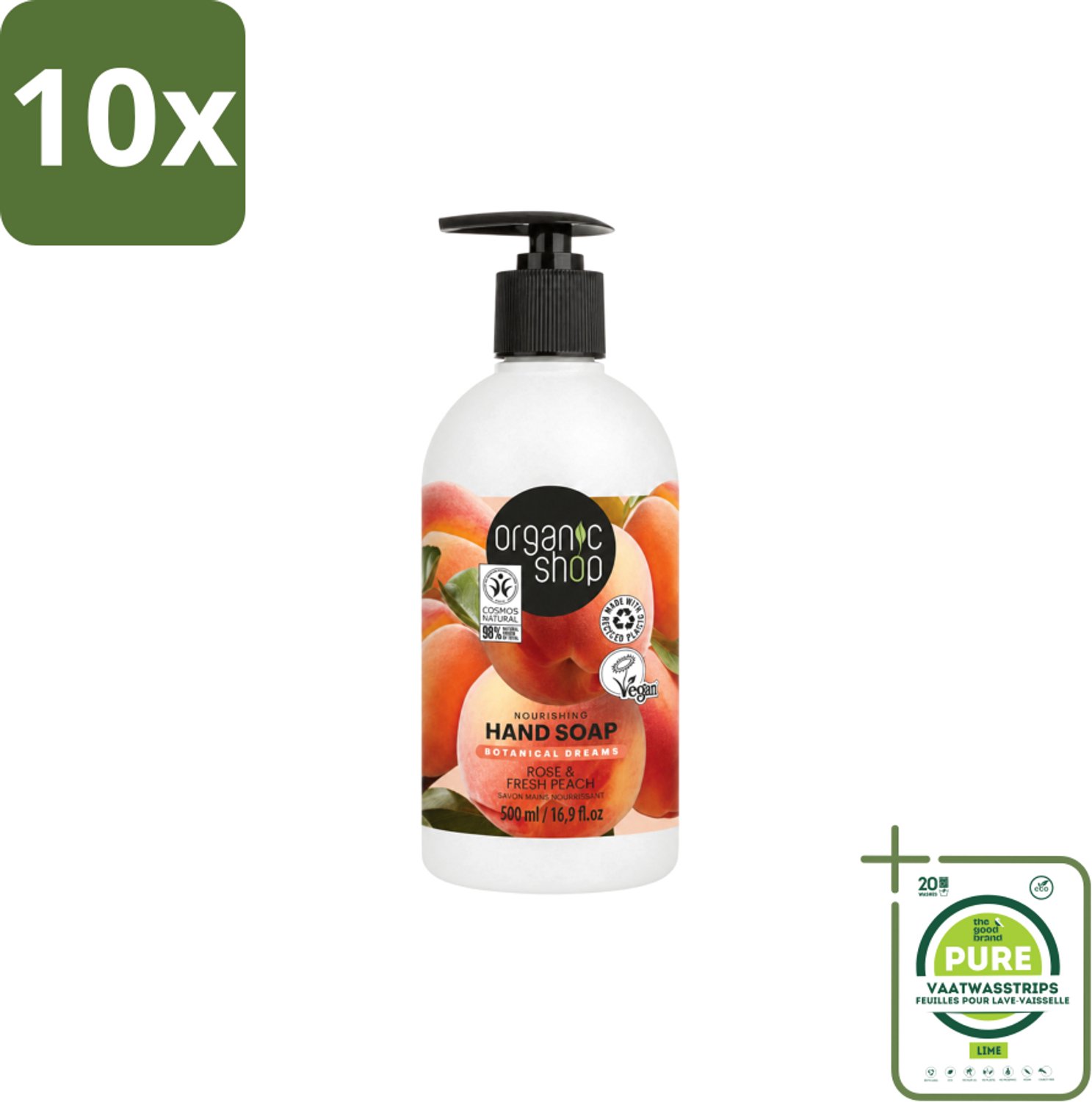 10 x Organic Shop - Handzeep Rose & Peach - Verzorgend en Hydraterend - 500 ml - Grootverpakking - Vaatwasstrips - Handzeep - Natuurlijke Handverzorging - Handen Verzorgen - Handen Hydrateren - Handen Verzachten
