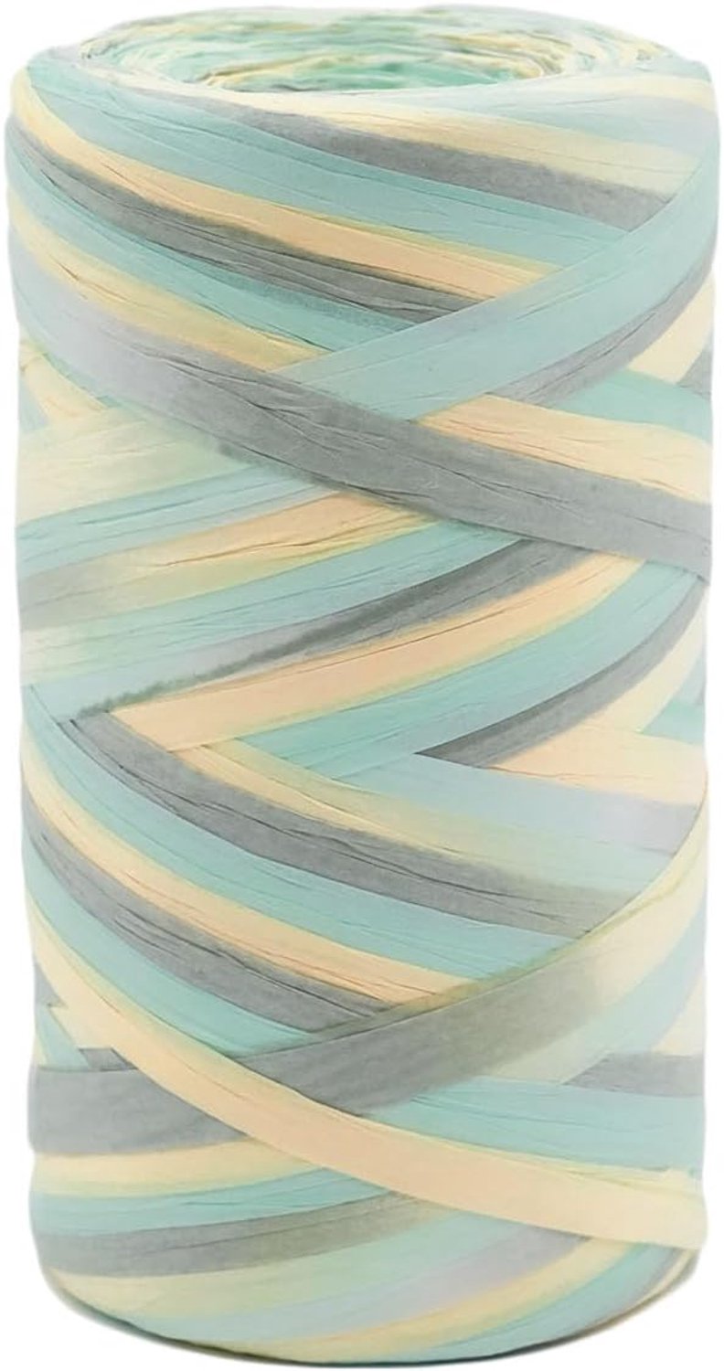Raffiapapierlint, kleurverloop, 7 mm raffiapapierkoord, raffiapapierlint voor knutselprojecten, raffiagaren voor cadeauverpakking, weven, decoratie en tuinieren (Cyan-Gray-Yellow)