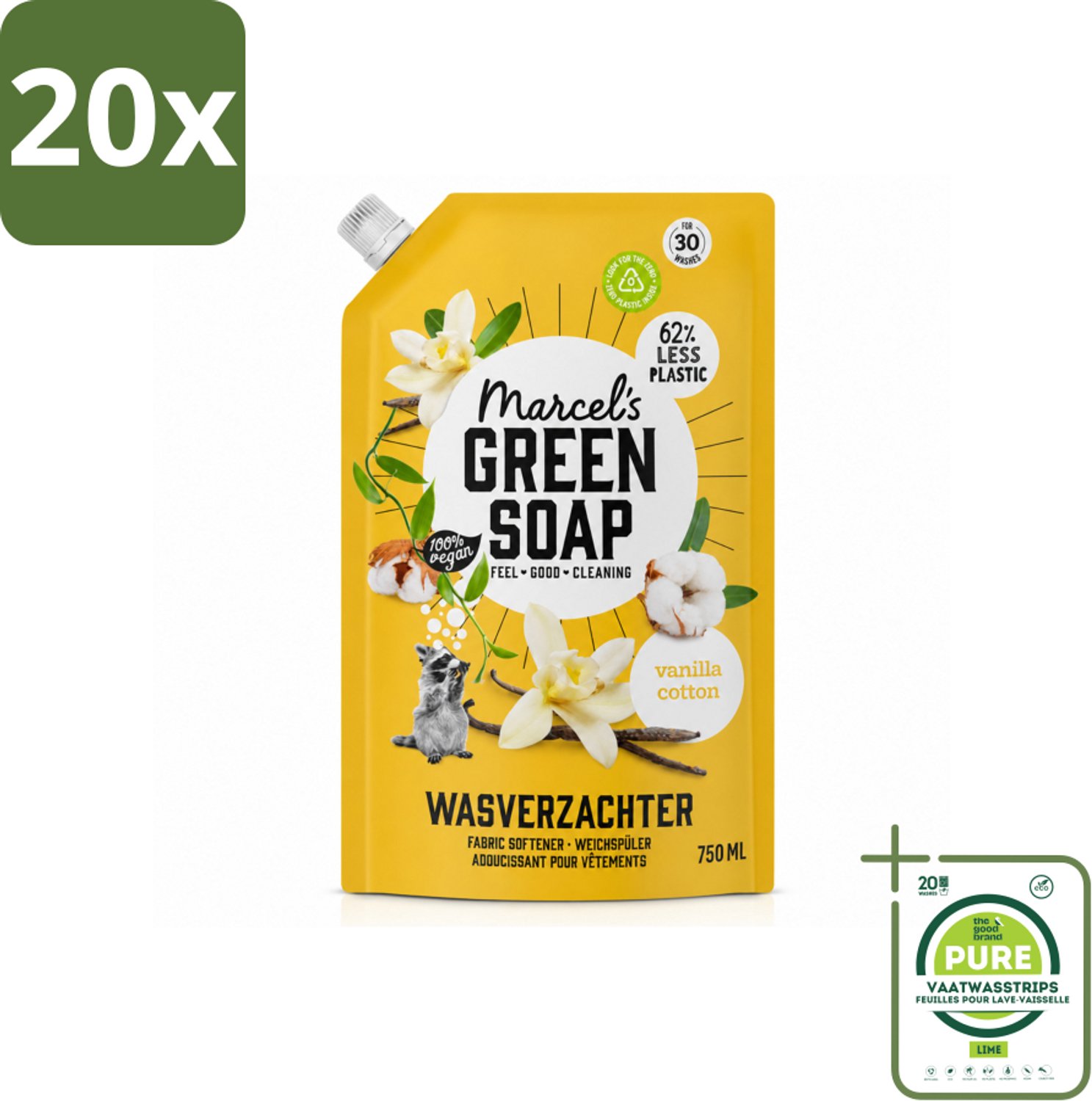 20 x Marcel's Green Soap - Wasverzachter - Navulling - Katoen & Vanille - Zachte frisheid- 30 Wasbeurten - 750 ml - Grootverpakking - Vaatwasstrips - Wasverzachter - Wasgoed Zachter Maken - Katoen Geur - Vanille Geur - Milieuvriendelijk Wasgoed