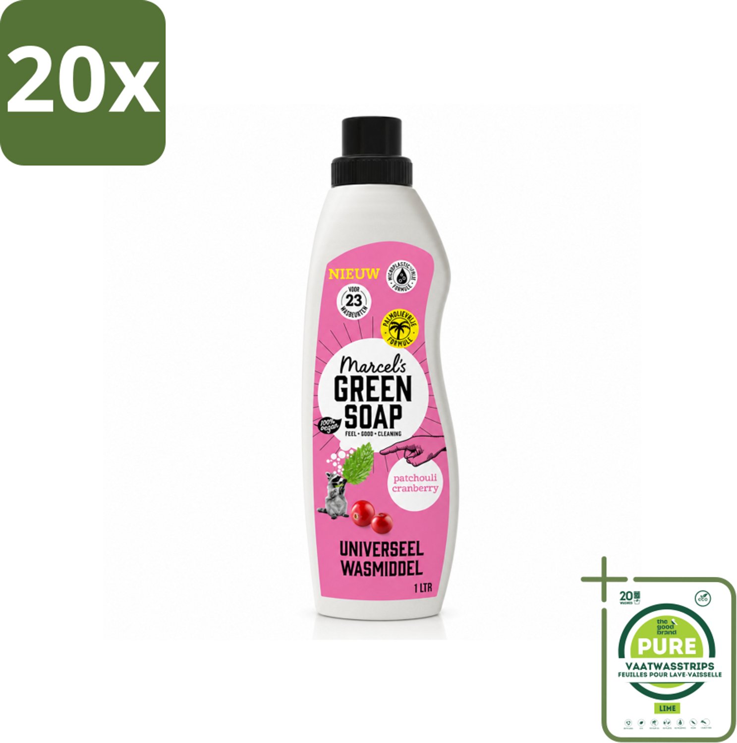 20 x Marcel's Green Soap - Vloeibaar Wasmiddel - Patchouli & Cranberry - Effectief & natuurlijk - 23 Wasbeurten - 1 liter - Grootverpakking - Vaatwasstrips - Wasmiddel - Natuurlijke Zeep - Plantaardig - Milieuvriendelijk - Wasbeurt