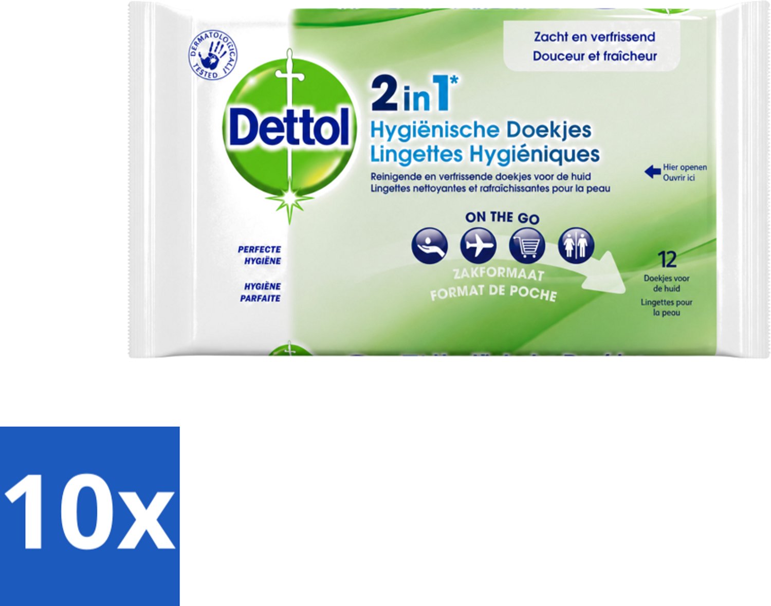 10 x Dettol - Reinigingsdoekjes - 2-in-1 Reiniging & Desinfectie - On the Go - 12 Doekjes - Voordeelverpakking - 10 stuks