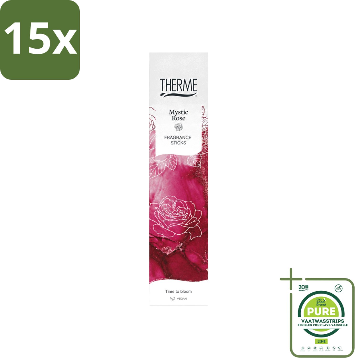 15 x Therme - Mystic Rose - Geurstokjes - Langdurige Geur - Aromatisch - 100ml - Grootverpakking - Vaatwasstrips - Geurstokjes - Geur - Roos - Lychee - Cacao