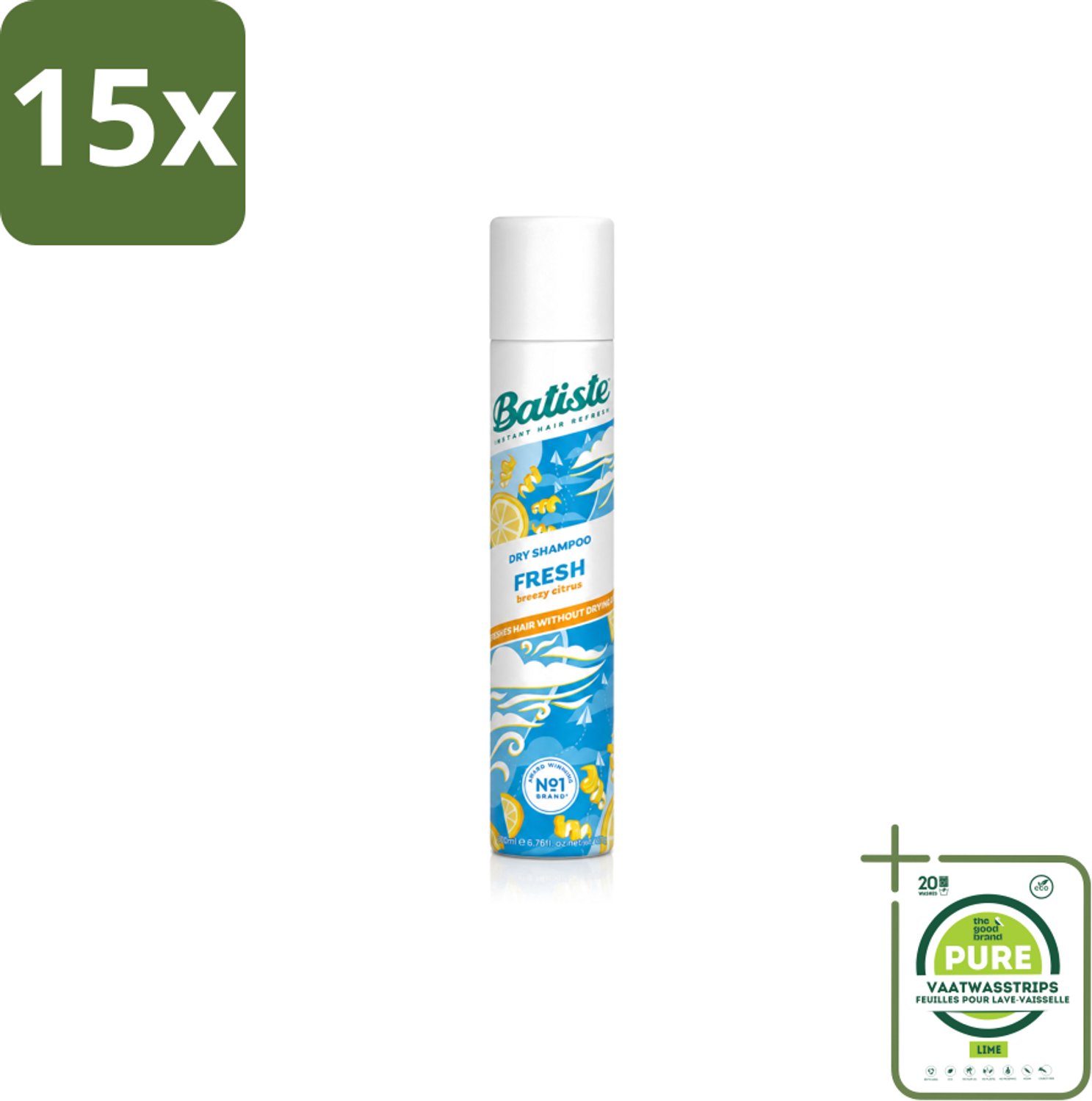 15 x Batiste - Fresh - Droogshampoo - Koele en Schone Geur - Verfrist en Geeft Grip - 200ml - Grootverpakking - Vaatwasstrips - Droogshampoo - Fris Haar - Schone Start - Koele Geur - Snel Opfrissen