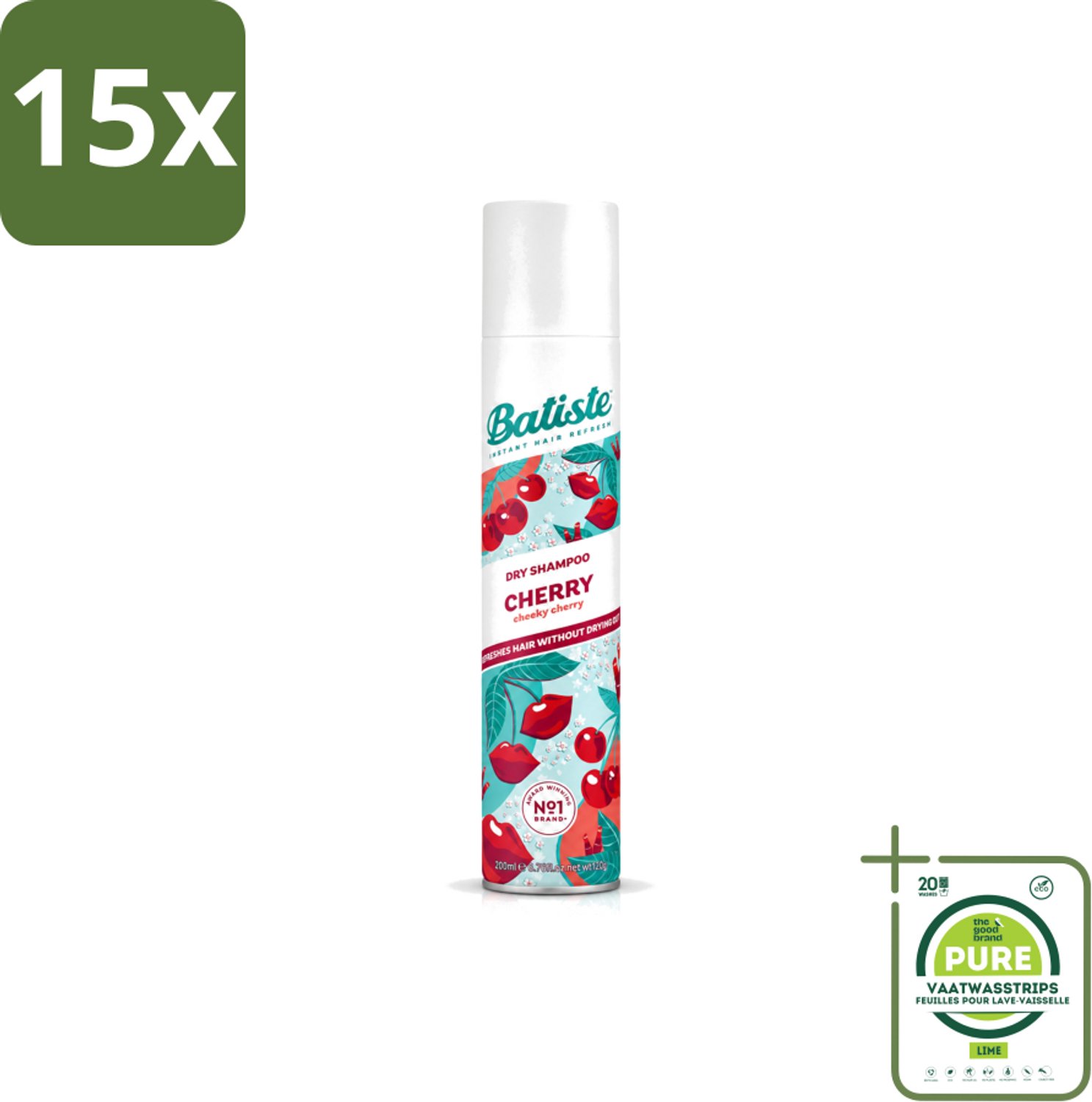 15 x Batiste - Cherry - Droogshampoo - Kersenbloesem Geur - Verfrist en Geeft Volume - 200ml - Grootverpakking - Vaatwasstrips - Droogshampoo - Kersengeur - Haar Opfrissen - Haar Frisheid - Haar Volume