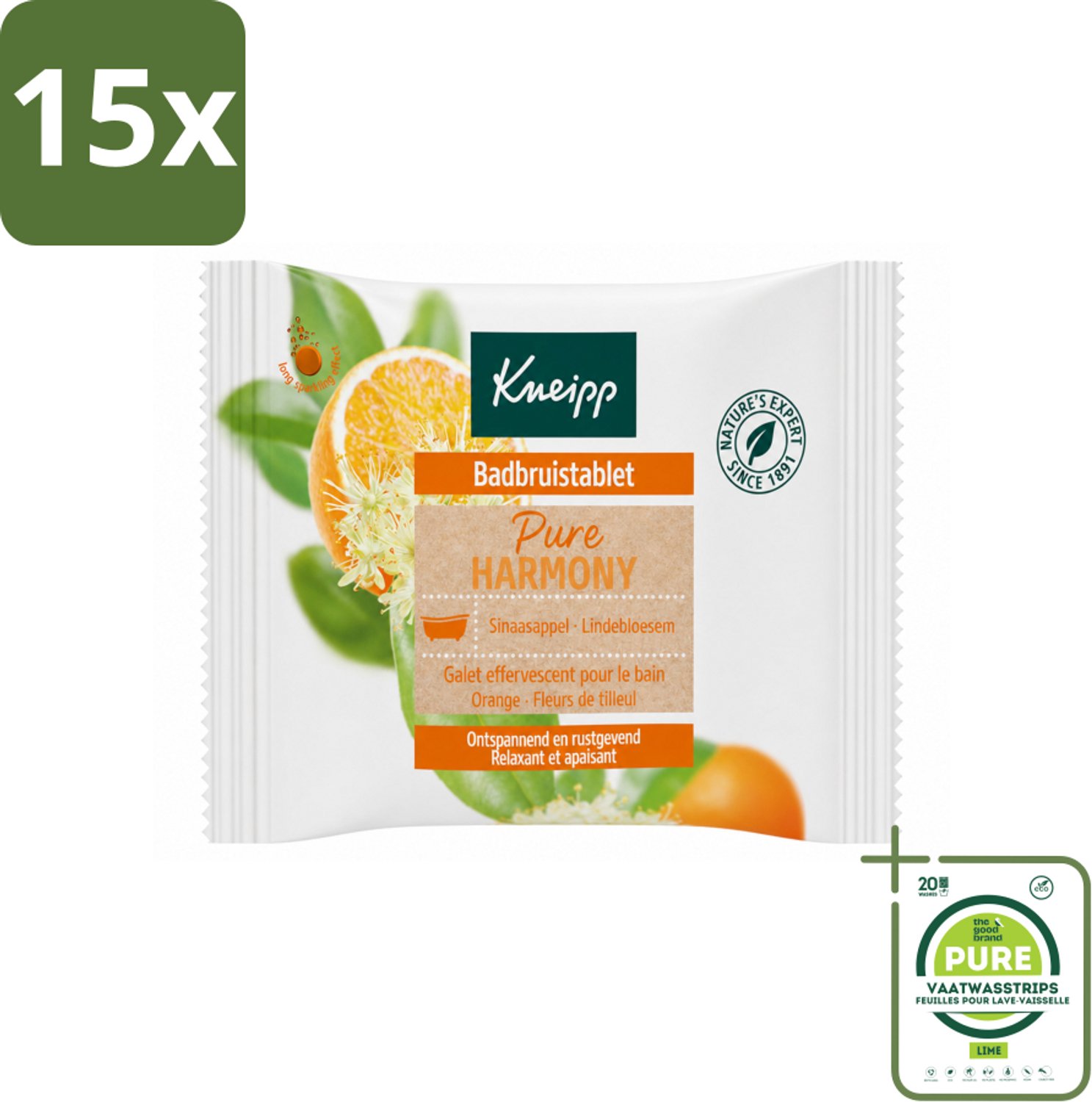 15 x Kneipp - Badbruistablet - Oranje lindebloesem - Grootverpakking - Vaatwasstrips - Badbruistablet - Ontspanning - Harmonie - Balans - Natuurlijke Ontspanning