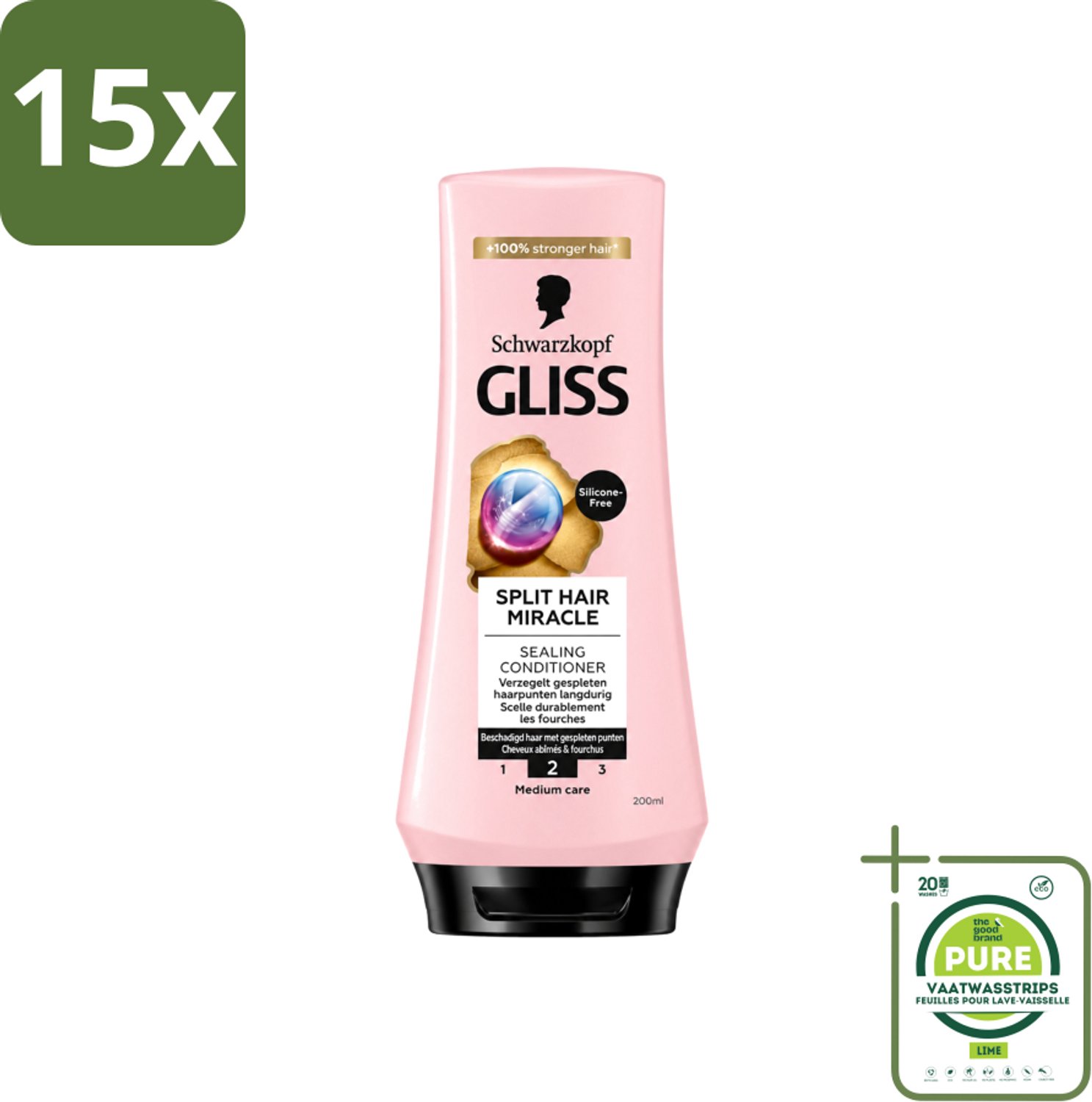 15 x Gliss - Hair Repair - Conditioner Split Hair Miracle tegen Gespleten Haarpunten - 200 ml - Grootverpakking - Vaatwasstrips - Gespleten Haarpunten - Haarherstel - Haarverzorging - Haarbescherming - Keratine
