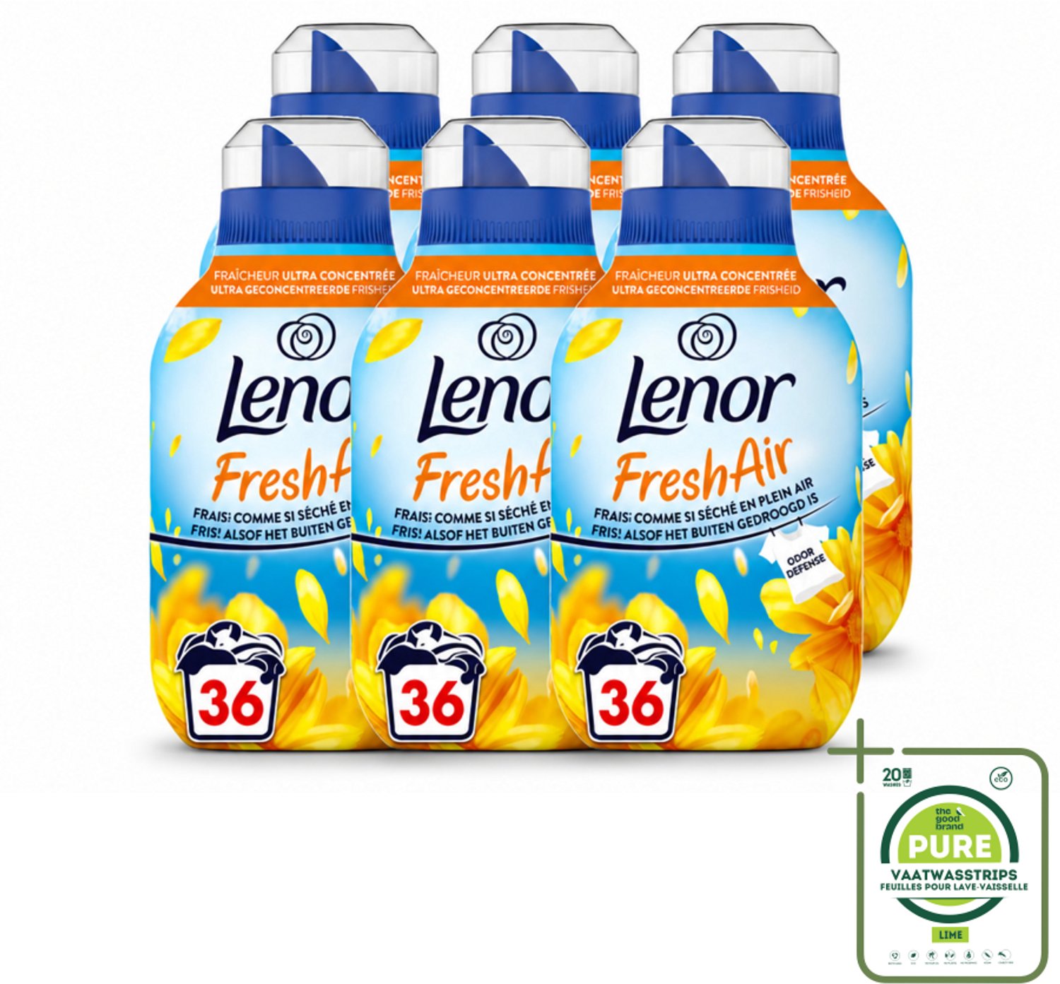 6 x Lenor - Wasverzachter - Fresh Air Zonnestralen - Ultra Geconcentreerd - 36 Wasbeurten - Grootverpakking - Vaatwasstrips - Wasverzachter - Buitenfrisheid - Zomerse Geur - Geurbescherming - Wasmachine