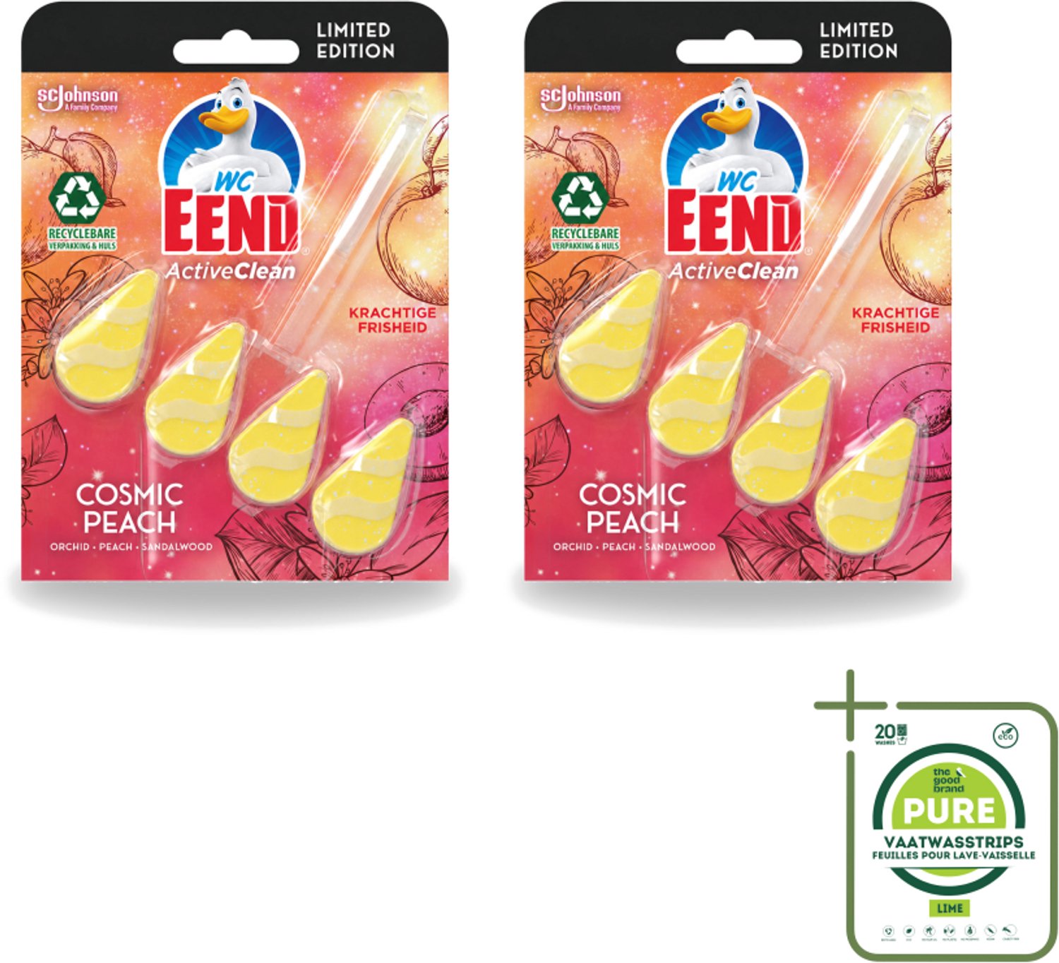 2 x WC Eend - Active Clean Cosmic Peach - Toiletblok - Fruitige Perzikgeur - 38 gr - Grootverpakking - Vaatwasstrips - Toilet Reinigen - Toilet Blok - Perzik Geur - Toilet Schoon - Toilet Hygiëne