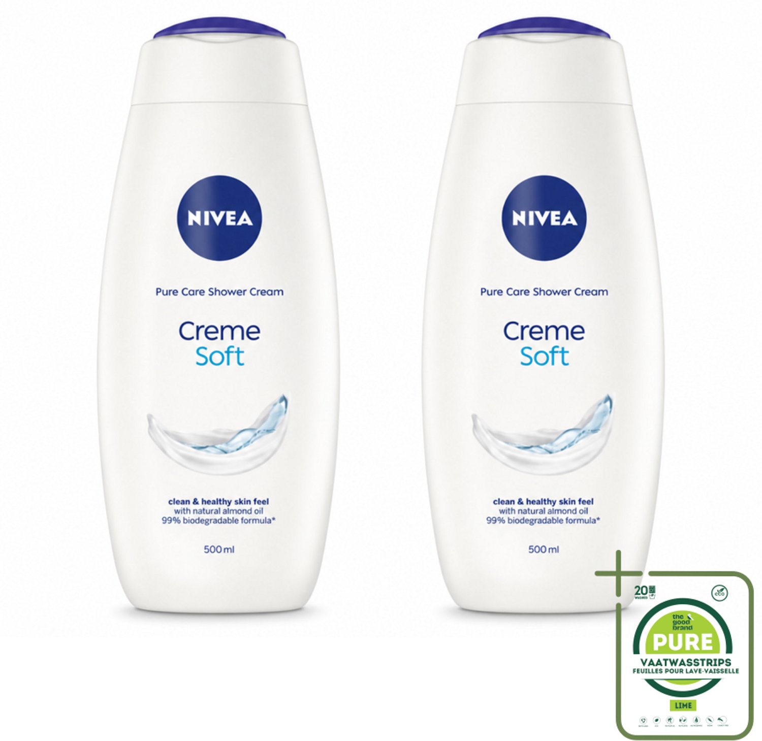 2 x NIVEA - Douchecrème - Zacht - Huidbeschermend - Amandelolie - 500 ml - Grootverpakking - Vaatwasstrips - Douchecrème - Huid Verzorgen - Amandelolie - Zijdezachte Huid - Hydratatie