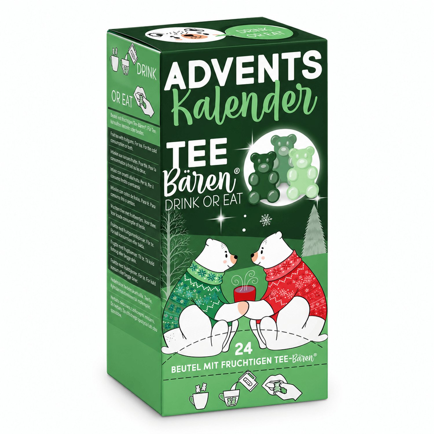 Theeberen Adventskalender groen – 24 zakjes – 12 smaken – Eetbare gummybeertjes die oplossen tot thee – Drink of Eat – vrolijk cadeautje voor december
