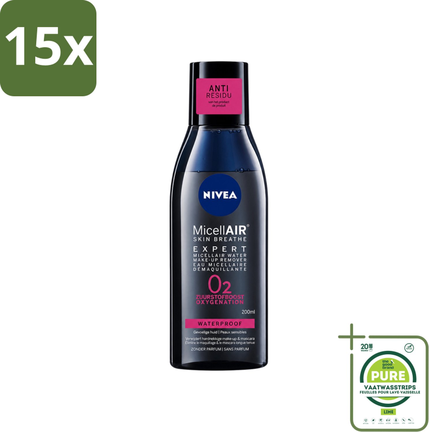 15 x Nivea - Expert Make-up Remover - Micellair Water - Gezichtsreinigingsmiddel - 200 ml - Grootverpakking - Vaatwasstrips - Make-up Verwijderen - Gezichtsreiniger - Micellen - Zuurstofboost - Huid Ademen