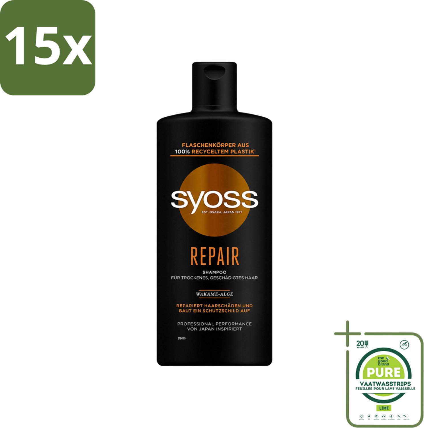 15 x Syoss Repair Shampoo - Shampoo - Herstel - 440 ml - Grootverpakking - Vaatwasstrips - Herstel Haar - Beschadigd Haar - Haar Herstellen - Haar Verzorgen - Haar Versterken
