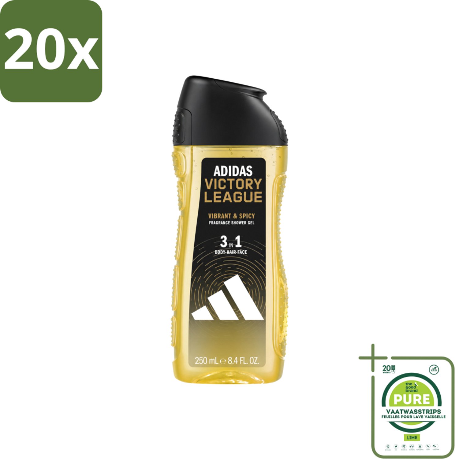 20 x Adidas - 3-in-1 Douchegel - Victory League - Vibrant & Spicy - Gerecyclede Verpakking - 250 ml - Grootverpakking - Vaatwasstrips - Douchegel - 3-in-1 - Lichaam - Gezicht - Haar